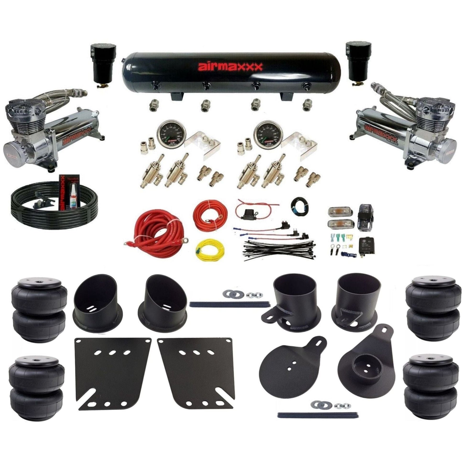 airmaxxx 480 chrome air compressors 3/8 manual air suspension steel air tank w/Air Lift bags kit fits 1958 64 chevy impala KIMP58-480C2-59S-4TOG2GA2B-WK-HFD26