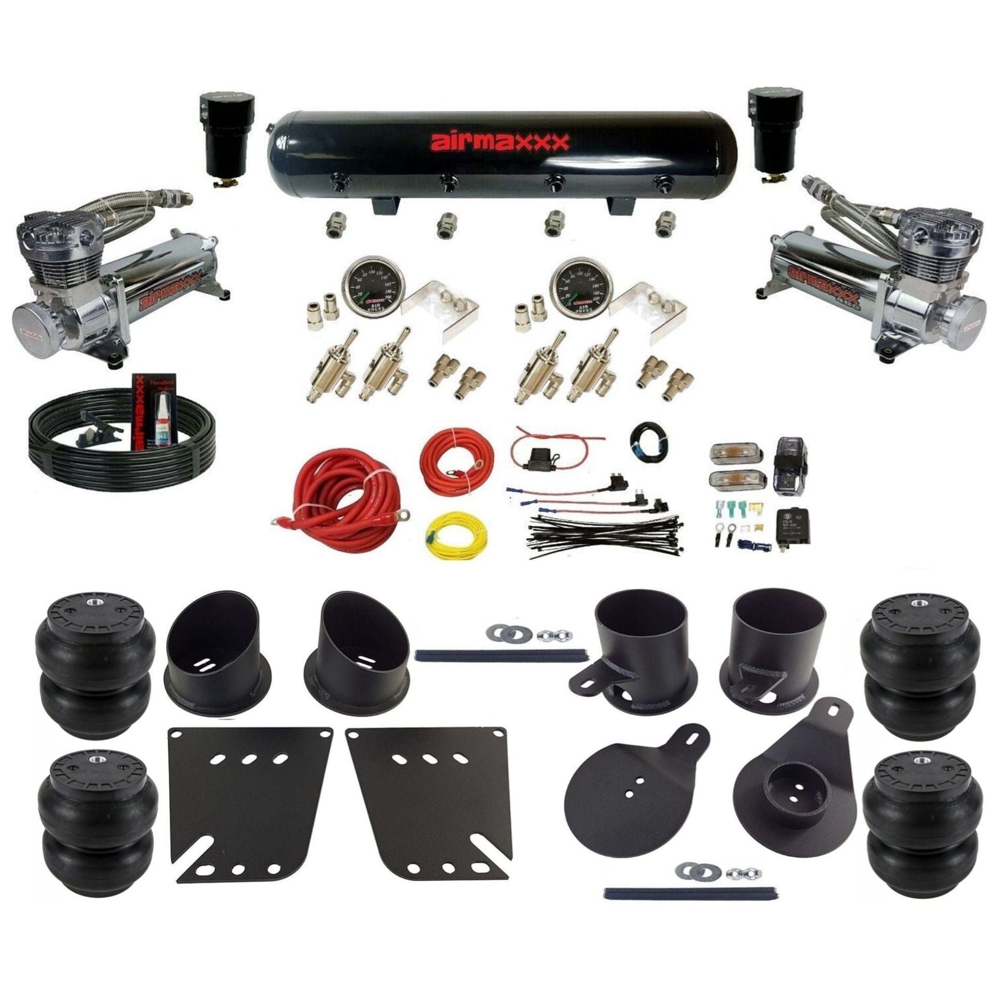 airmaxxx 480 chrome air compressors 3/8 manual air suspension steel air tank w/Slam bags kit fits 1958 64 chevy impala KIMP58-480C2-59S-4TOG2GA2B-WK-HFSS7