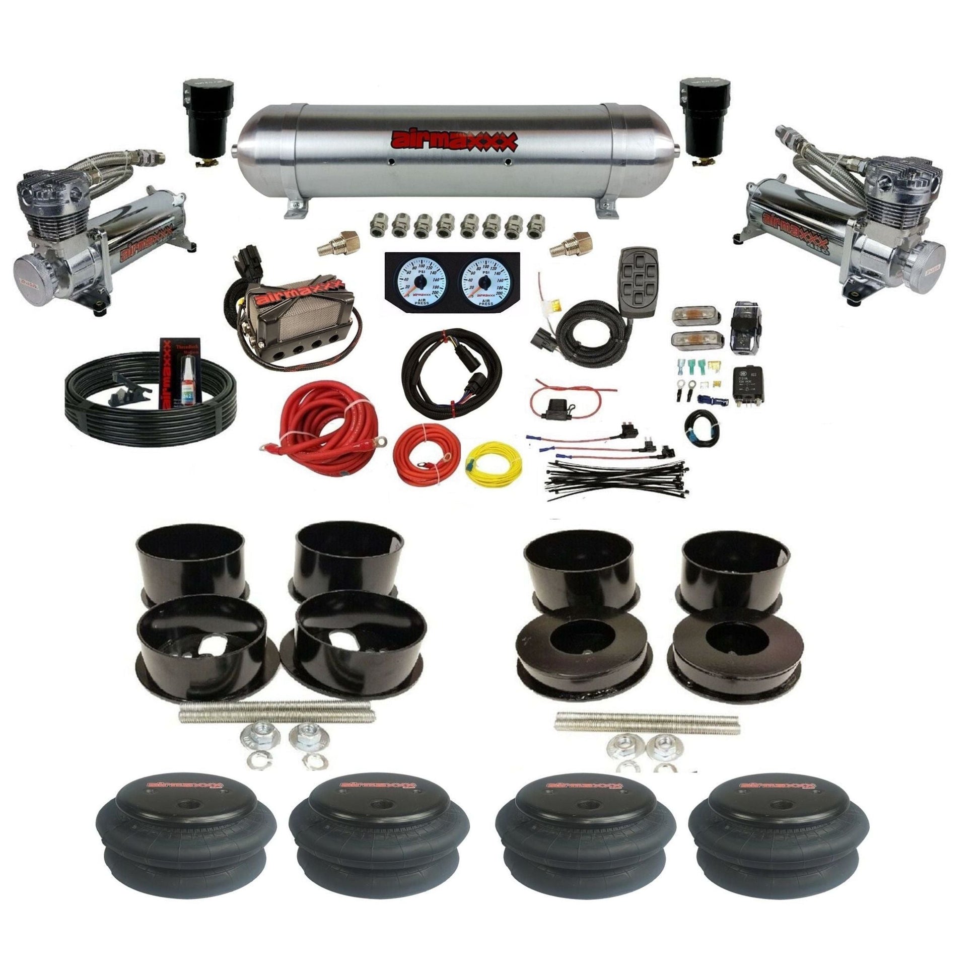 airmaxxx 480 chrome air compressors aluminum air tank X4 manifold X7 switchbox 2600 air bags & brackets For B-Body KBBDY-480C2-57ARW-X4X7-WK-HF