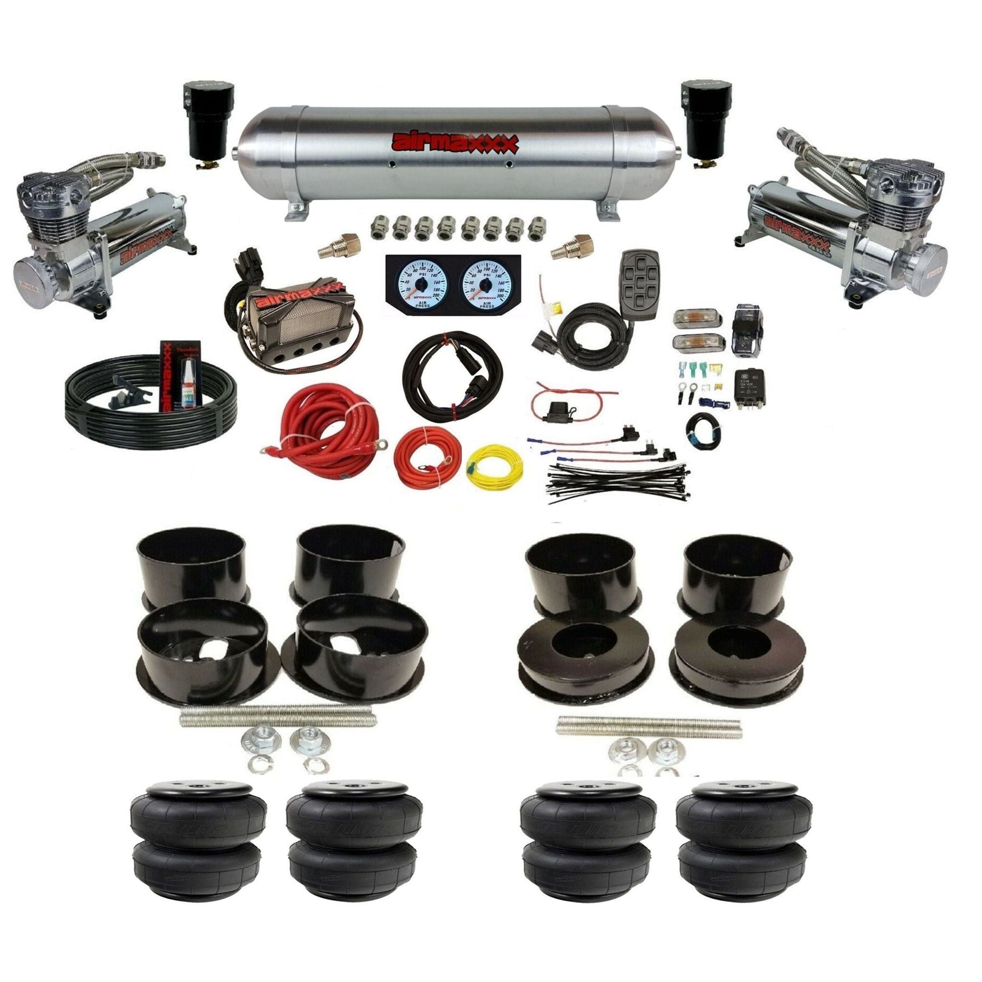 airmaxxx 480 chrome air compressors aluminum air tank X4 manifold X7 switchbox Air Lift air bags & brackets For B-Body KBBDY-480C2-57ARW-X4X7-WK-HFD25