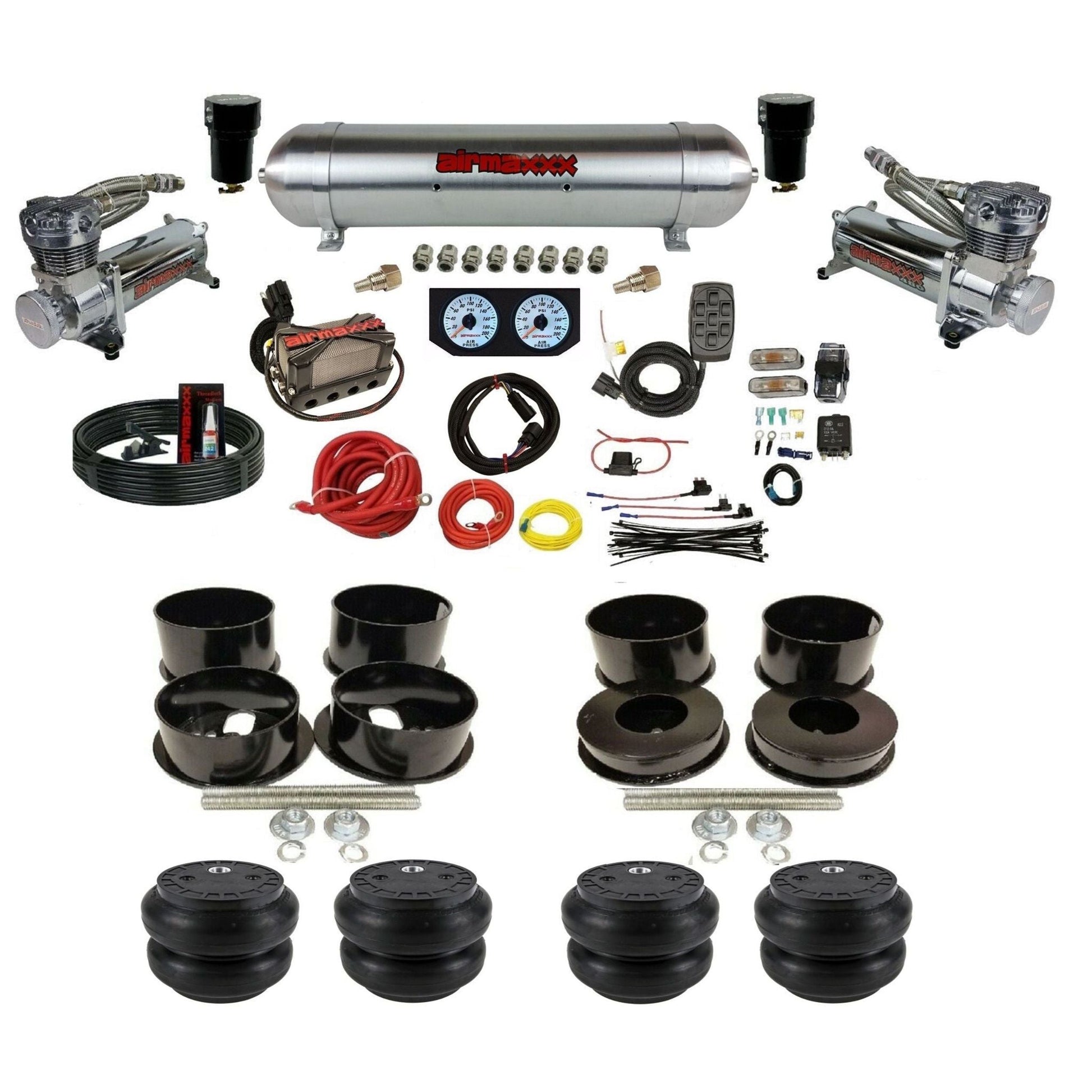 airmaxxx 480 chrome air compressors aluminum air tank X4 manifold X7 switchbox Slam air bags & brackets For B-Body KBBDY-480C2-57ARW-X4X7-WK-HFSS7