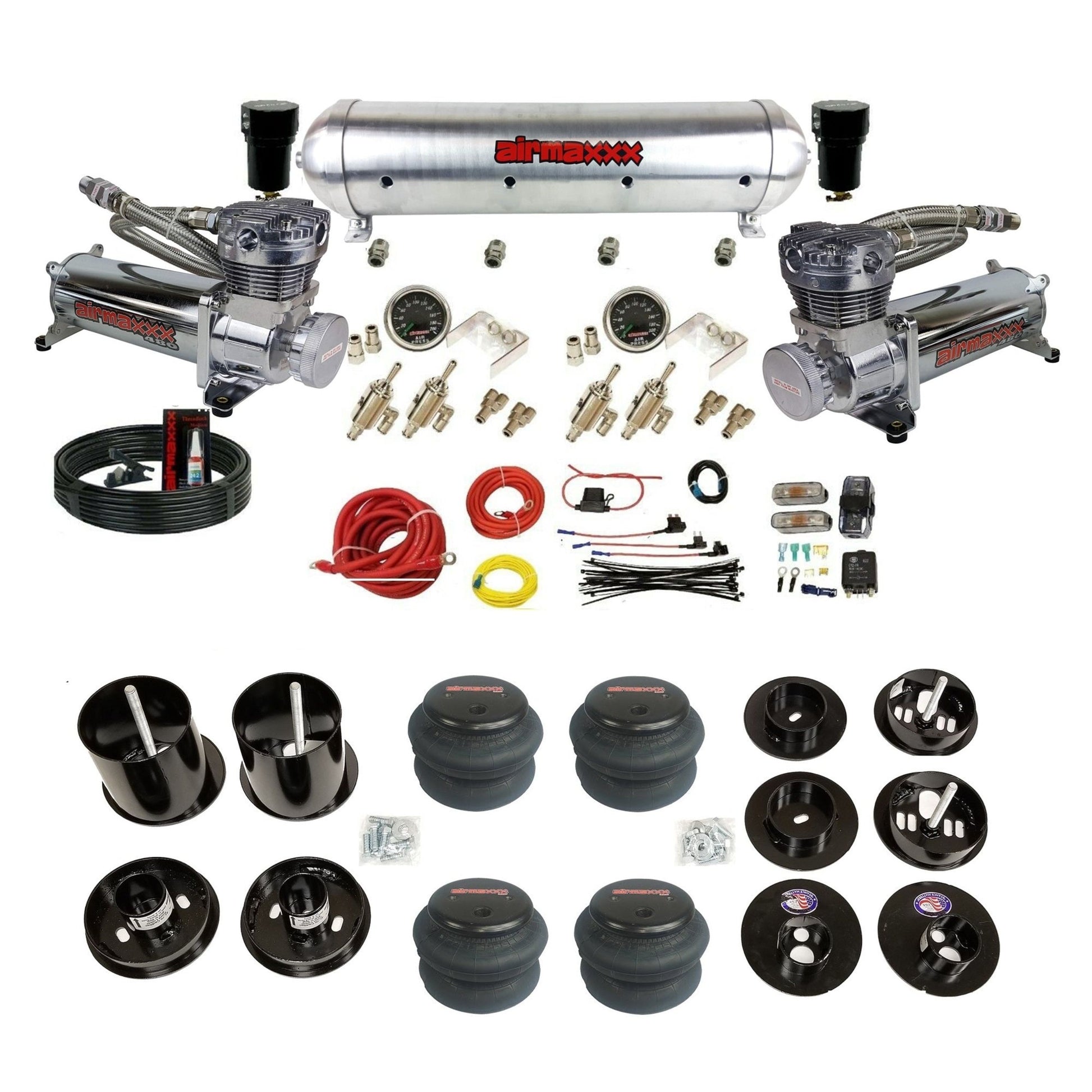 airmaxxx 480 chrome air compressors aluminum tank 2600 bags and brackets kit Fits 1965-70 Cadillac KCAD65-580C2-59ARW-4TOG2GA2B-WK-HF