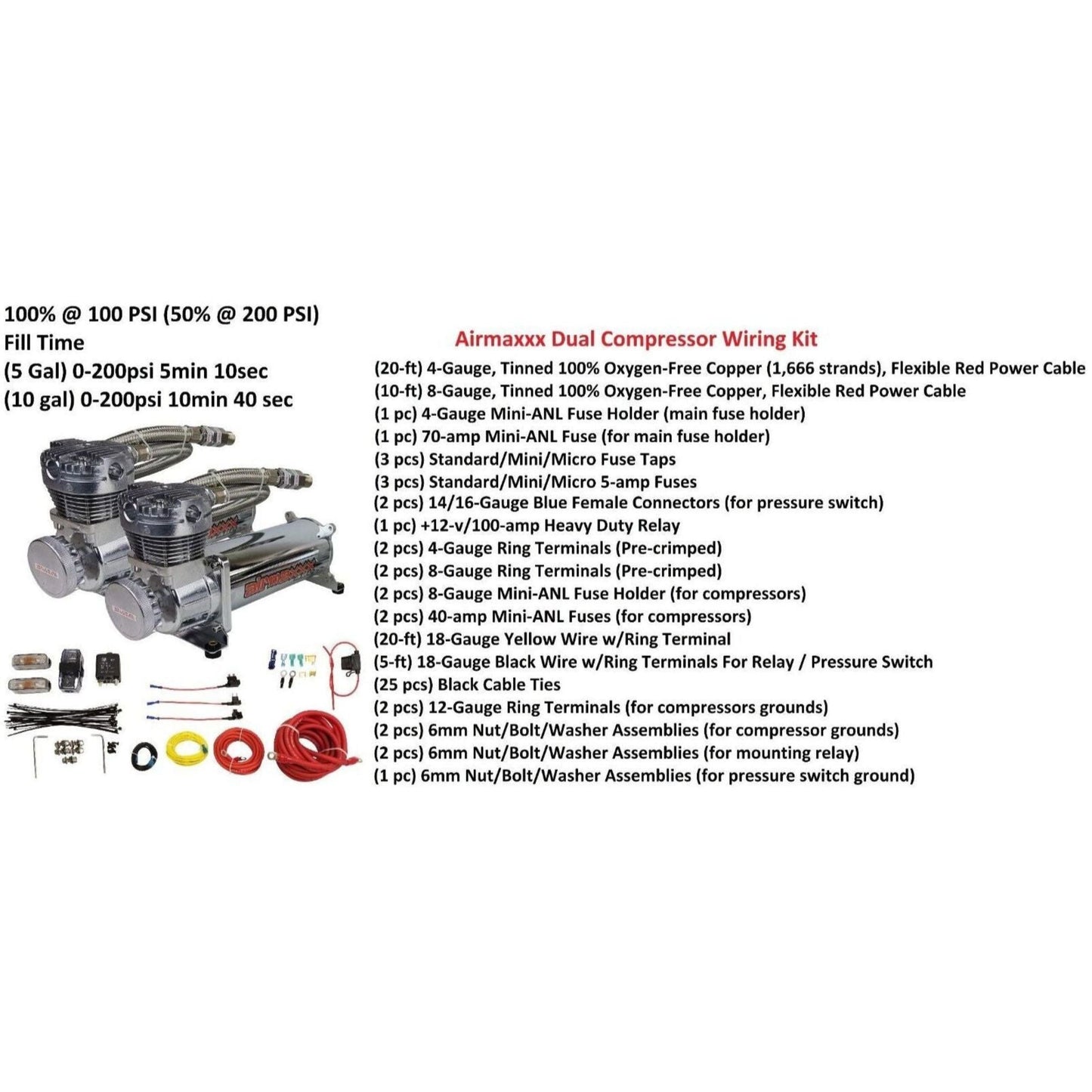 airmaxxx 480 chrome air compressors dual pack w/wiring air ride kit parts list included in kit