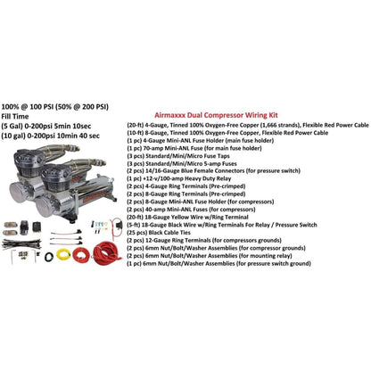 airmaxxx 480 chrome air compressors dual pack w/wiring air ride kit parts list included in kit