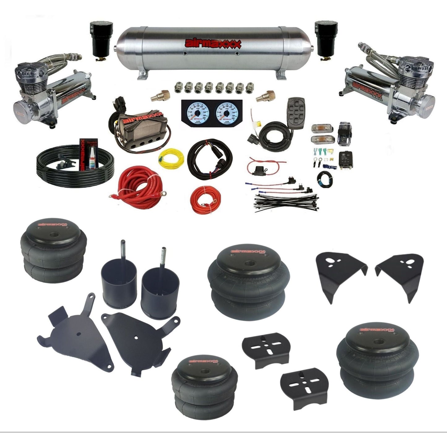 airmaxxx 480 chrome air compressors raw aluminum air tank 2600 bags & brackets X4 manifold air suspension kit for 1982-2004 Chevy S10/S15/Sonoma KS10-480C2-57ARW-X4X7-WK-HF