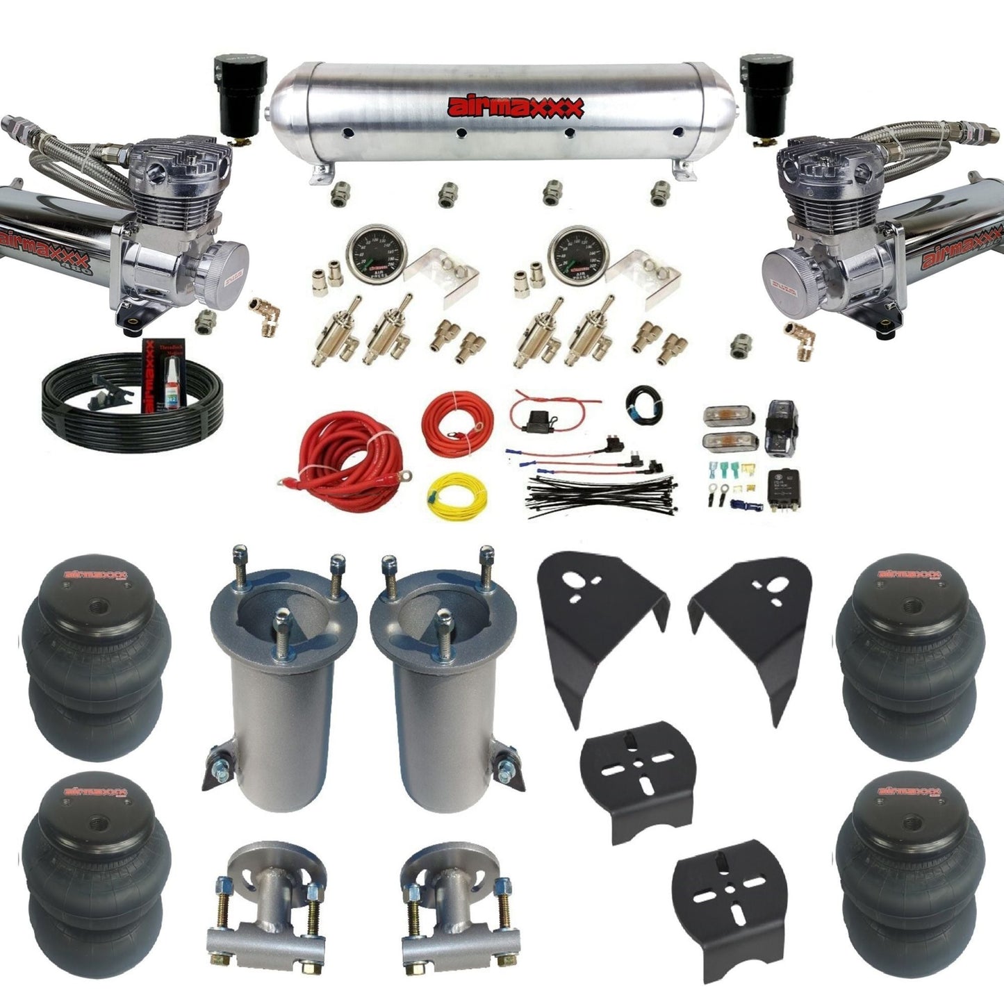 airmaxxx 480 chrome air compressors raw aluminum air tank 2600 bags & brackets air suspension kit fits 2007-2018 Silverado/Sierra 1500 KGM07-480C2-59ARW-4TOG2GA2B-WK-HF