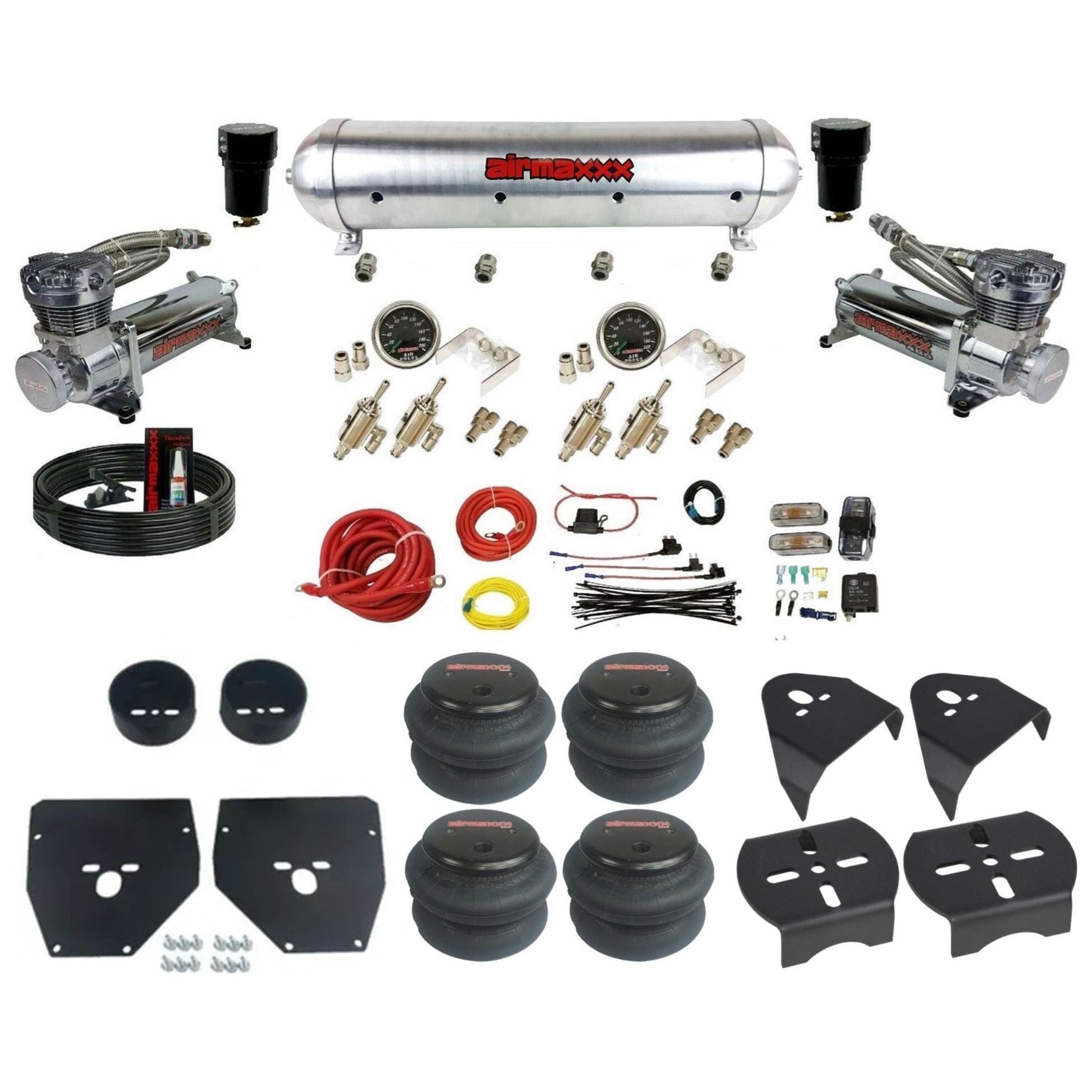 airmaxxx 480 chrome air compressors raw aluminum air tank 2600 bags & brackets manual 3/8 air ride kit for 1973-87 chevy c10 KC1073-480C2-59ARW-4TOG2GA2B-WK-HF