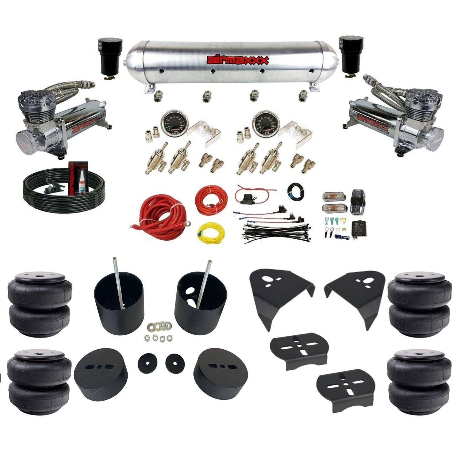 airmaxxx 480 chrome air compressors raw aluminum air tank Air Lift bags & brackets Manual 3/8" Air Suspension Kit for 1988-1998 Chevy C15 KGM88-480C2-59ARW-4TOG2GA2B-WK-HFD26