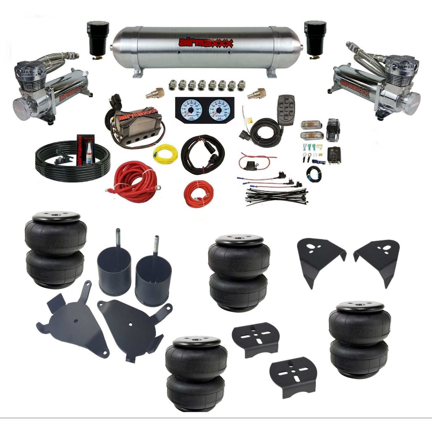 airmaxxx 480 chrome air compressors raw aluminum air tank Air Lift bags & brackets X4 manifold air suspension kit for 1982-2004 Chevy S10/S15/Sonoma KS10-480C2-57ARW-X4X7-WK-HFD25