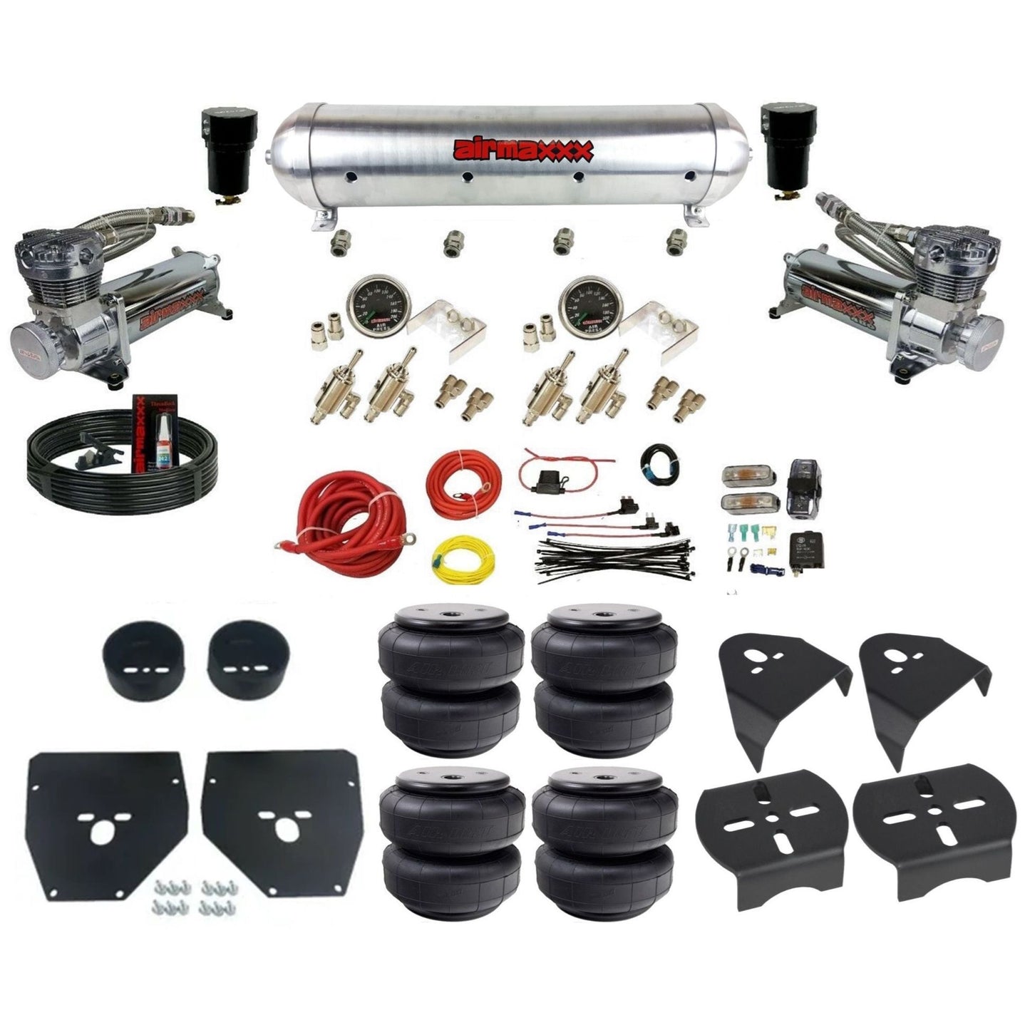airmaxxx 480 chrome air compressors raw aluminum air tank Air Lift bags & brackets manual 3/8 air ride kit for 1973-87 chevy c10 KC1073-480C2-59ARW-4TOG2GA2B-WK-HFD26