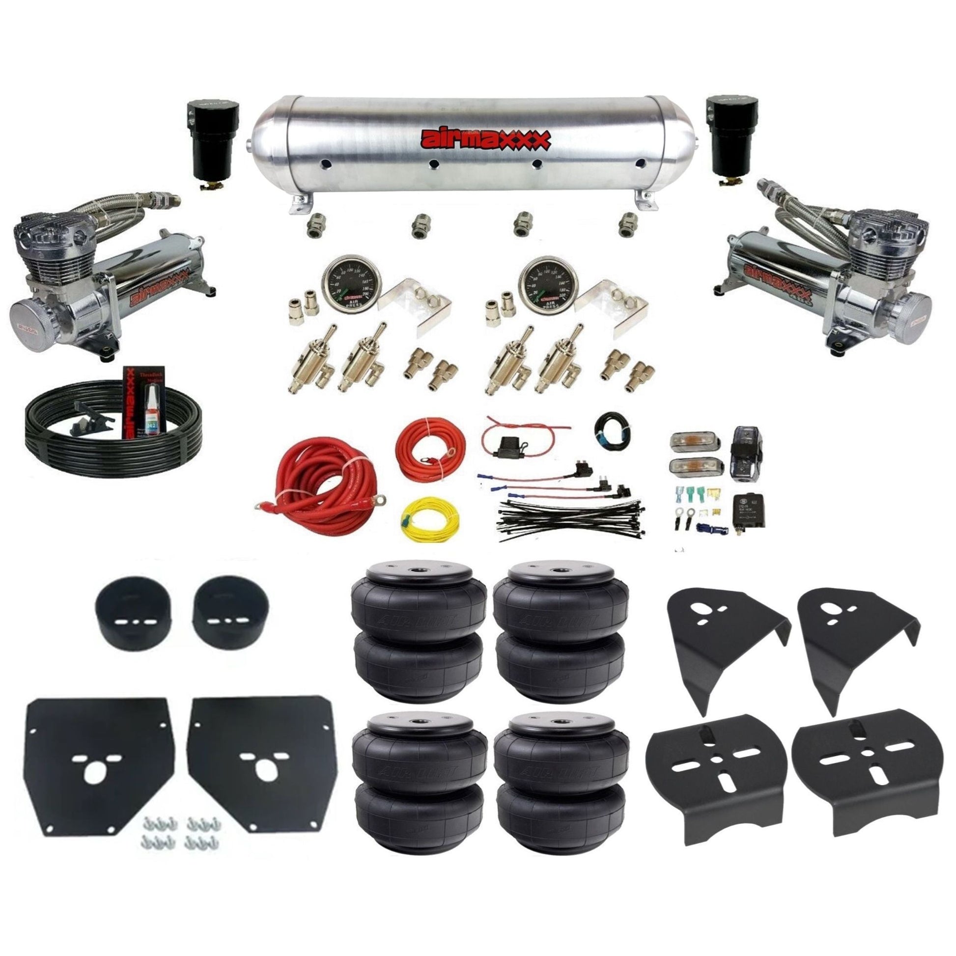 airmaxxx 480 chrome air compressors raw aluminum air tank Air Lift bags & brackets manual 3/8 air ride kit for 1973-87 chevy c10 KC1073-480C2-59ARW-4TOG2GA2B-WK-HFD26