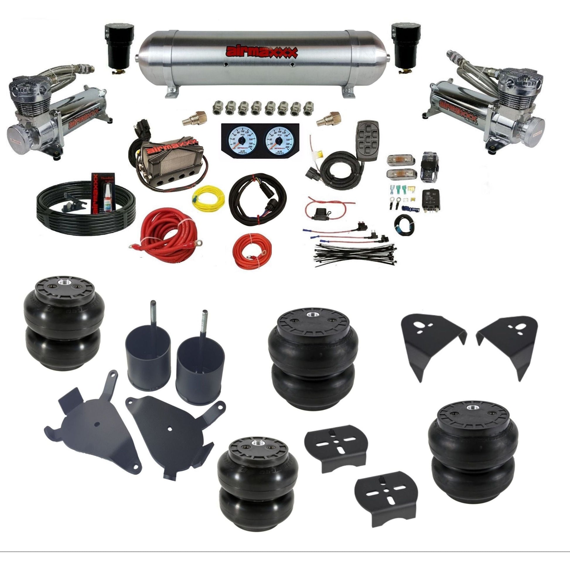 airmaxxx 480 chrome air compressors raw aluminum air tank Slam bags & brackets X4 manifold air suspension kit for 1982-2004 Chevy S10/S15/Sonoma KS10-480C2-57ARW-X4X7-WK-HFSS6SS7