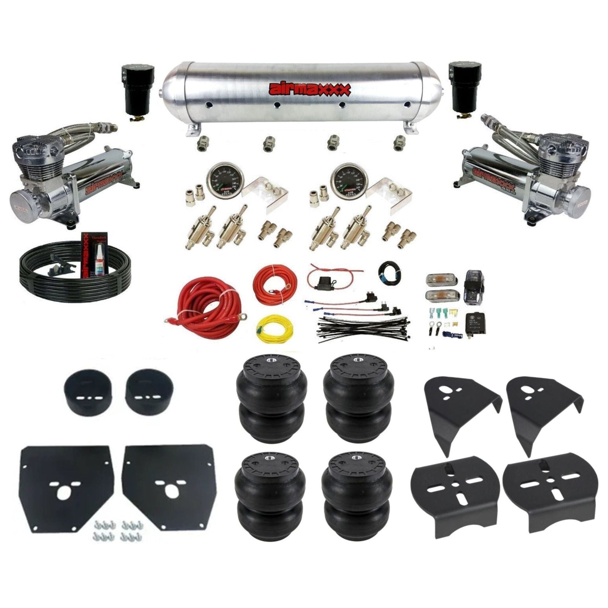 airmaxxx 480 chrome air compressors raw aluminum air tank Slam bags & brackets manual 3/8 air ride kit for 1973-87 chevy c10 KC1073-480C2-59ARW-4TOG2GA2B-WK-HFSS7