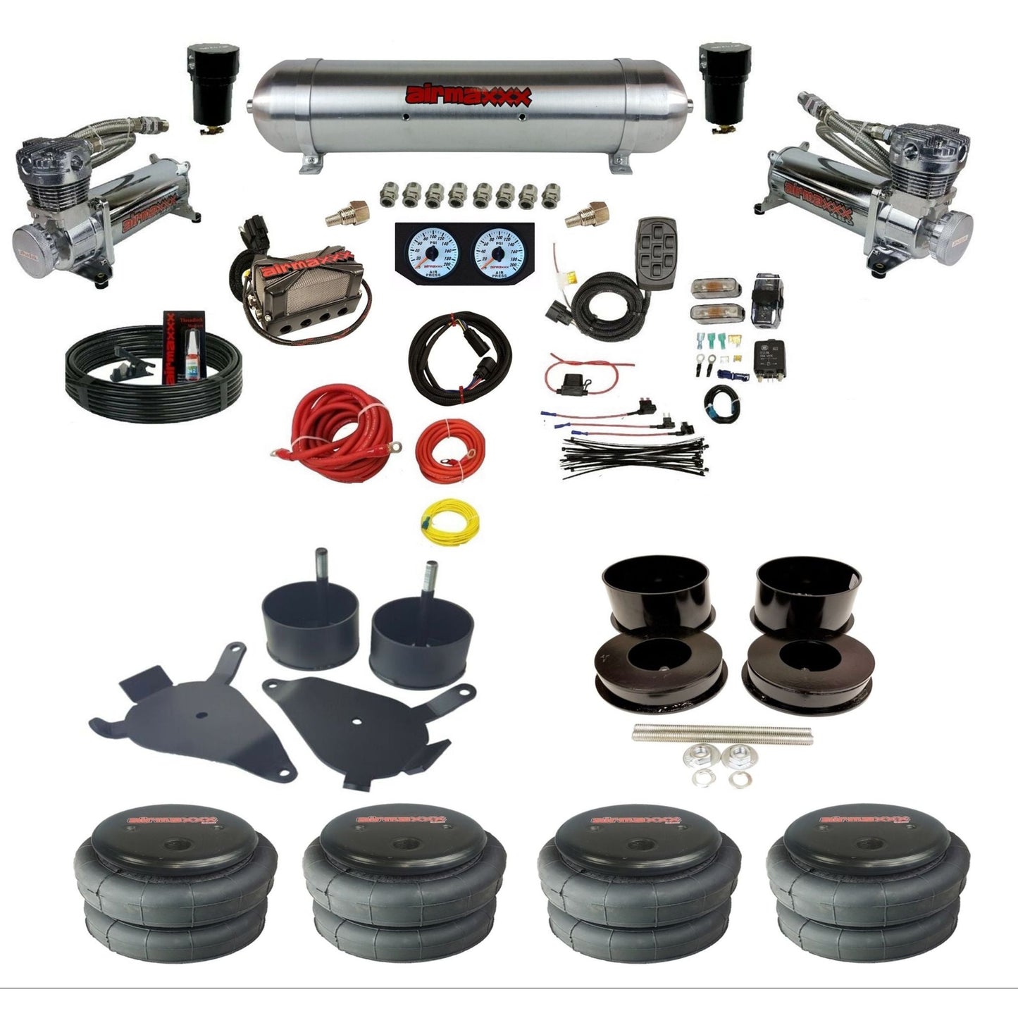 airmaxxx 480 chrome air compressors raw aluminum air tank X4 air manifold w/2500 air bags and brackets KGBDY-480C2-57ARW-X4X7-WK-HF