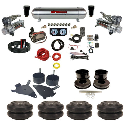 airmaxxx 480 chrome air compressors raw aluminum air tank X4 air manifold w/Slam air bags and brackets KGBDY-480C2-57ARW-X4X7-WK-HFSS6