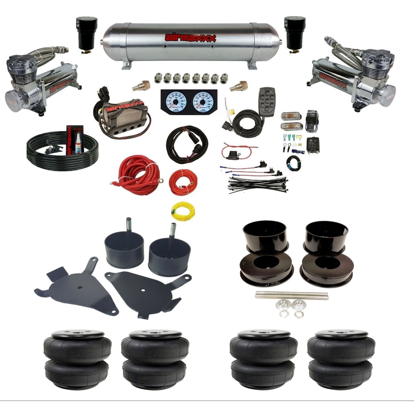 airmaxxx 480 chrome air compressors raw aluminum air tank X4 air manifold w/air lift air bags and brackets KGBDY-480C2-57ARW-X4X7-WK-HFD25