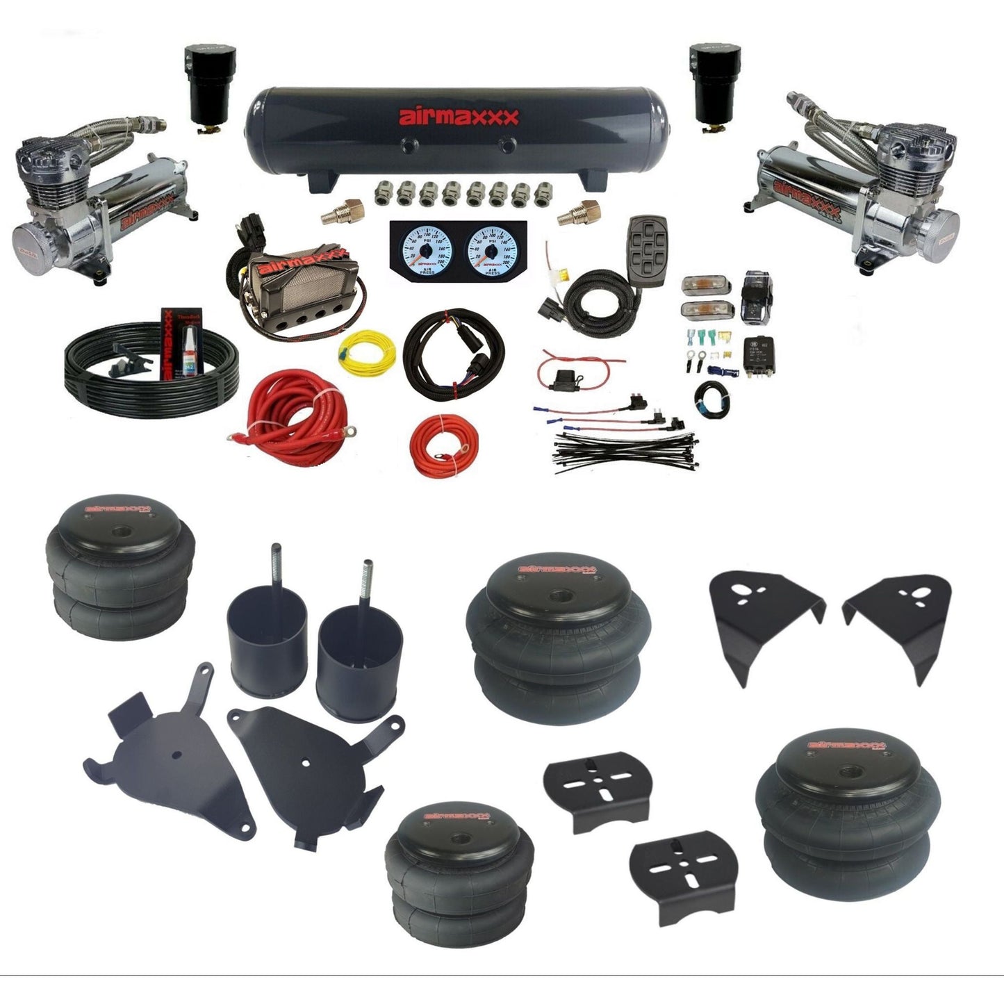 airmaxxx 480 chrome air compressors steel air tank 2600 bags & brackets X4 manifold air suspension kit for 1982-2004 Chevy S10/S15/Sonoma KS10-480C2-57S-X4X7-WK-HF