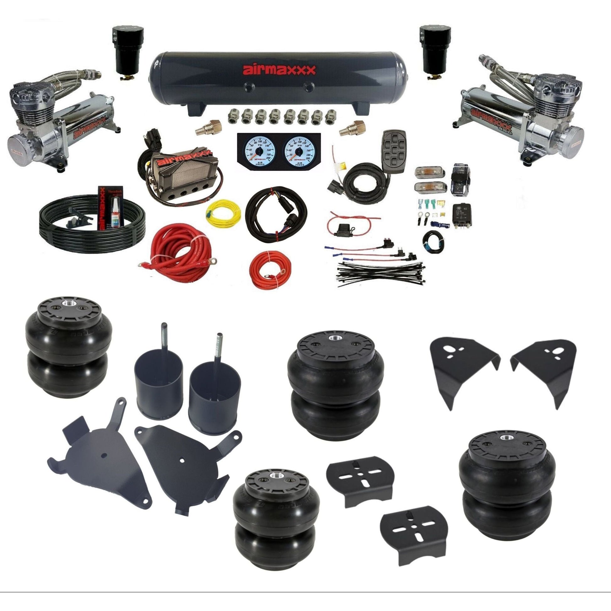 airmaxxx 480 chrome air compressors steel air tank Slam bags & brackets X4 manifold air suspension kit for 1982-2004 Chevy S10/S15/Sonoma KS10-480C2-57S-X4X7-WK-HFSS6SS7