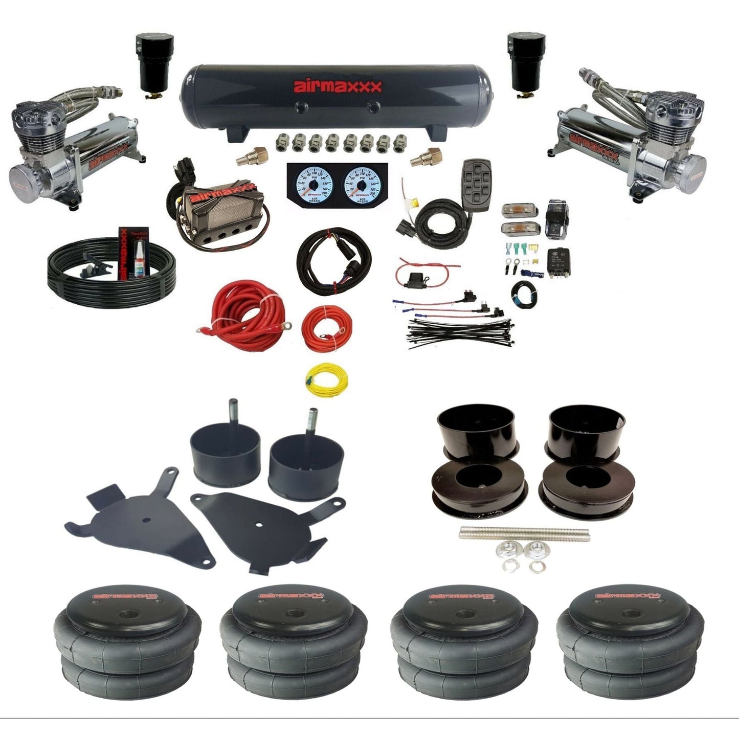 airmaxxx 480 chrome air compressors steel air tank X4 air manifold w/2500 air bags and brackets KGBDY-480C2-57S-X4X7-WK-HF