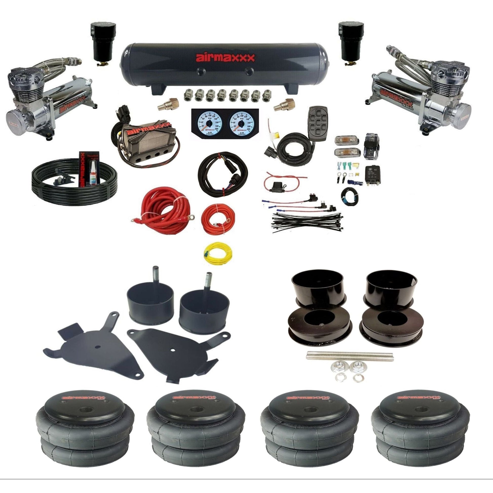 airmaxxx 480 chrome air compressors steel air tank X4 air manifold w/2500 air bags and brackets KGBDY-480C2-57S-X4X7-WK-HF