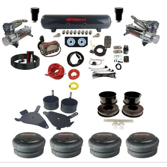 airmaxxx 480 chrome air compressors steel air tank X4 air manifold w/2500 air bags and brackets KGBDY-480C2-57S-X4X7-WK-HF