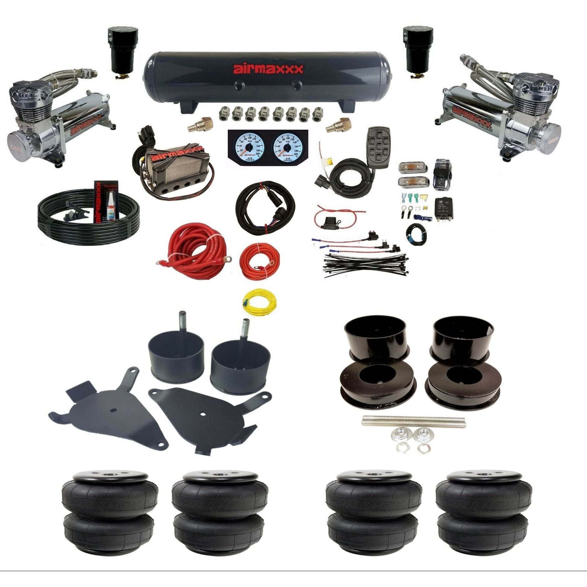 airmaxxx 480 chrome air compressors steel air tank X4 air manifold w/Air Lift air bags and brackets KGBDY-480C2-57S-X4X7-WK-HFD25