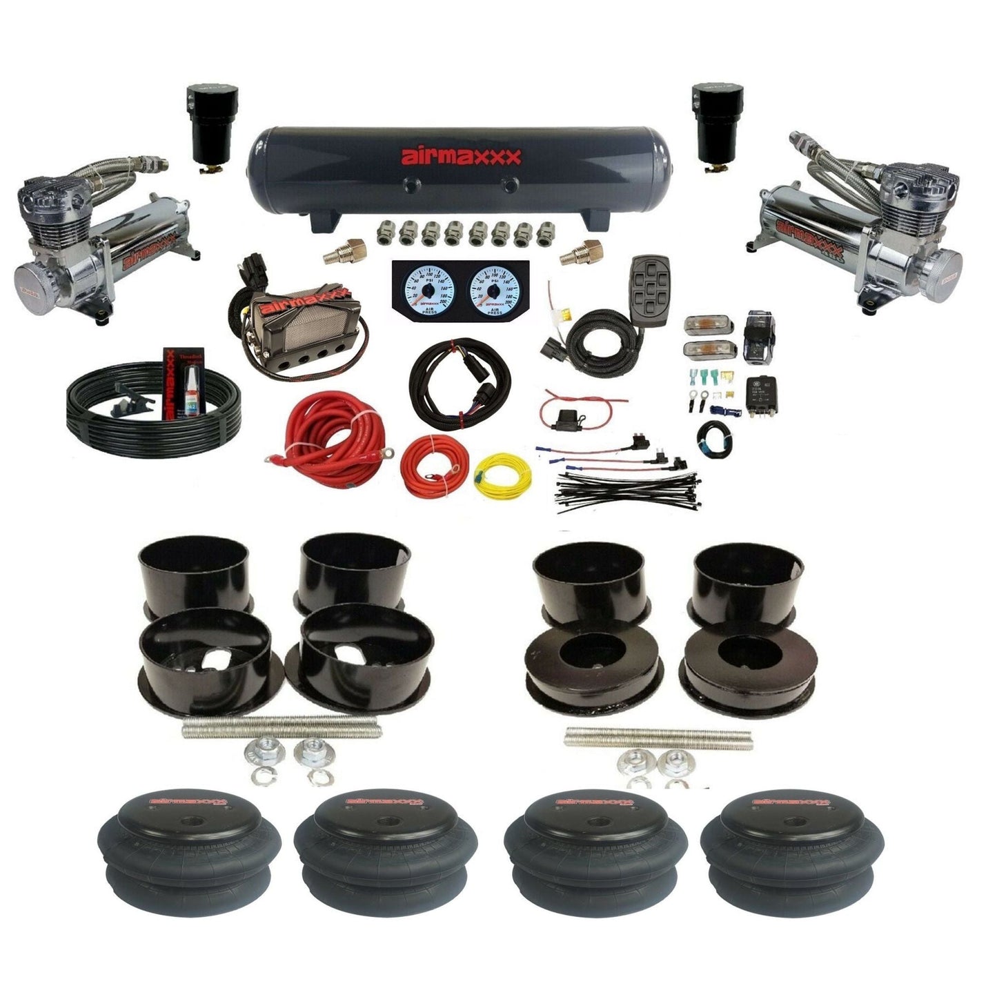 airmaxxx 480 chrome air compressors steel air tank X4 manifold X7 switchbox 2600 air bags & brackets For B-Body KBBDY-480C2-57S-X4X7-WK-HF