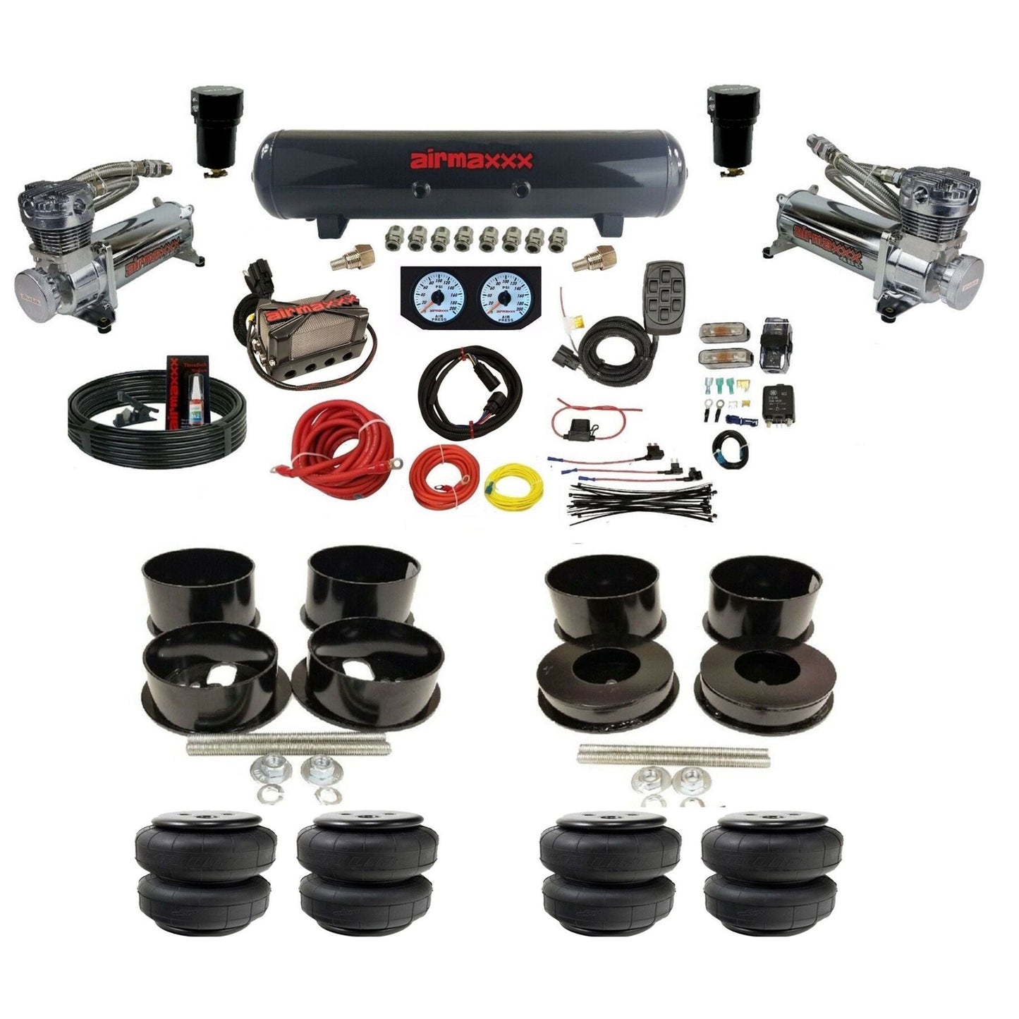 airmaxxx 480 chrome air compressors steel air tank X4 manifold X7 switchbox Air Lift air bags & brackets For B-Body KBBDY-480C2-57S-X4X7-WK-HFD25