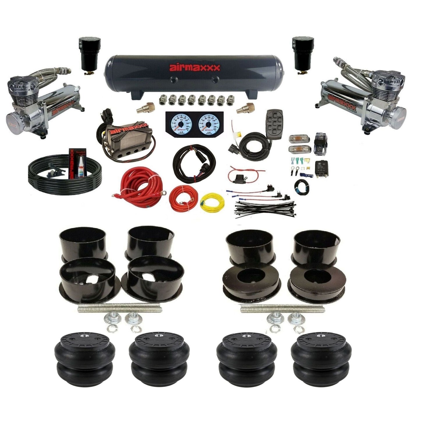 airmaxxx 480 chrome air compressors steel air tank X4 manifold X7 switchbox Slam air bags & brackets For B-Body KBBDY-480C2-57S-X4X7-WK-HFSS7