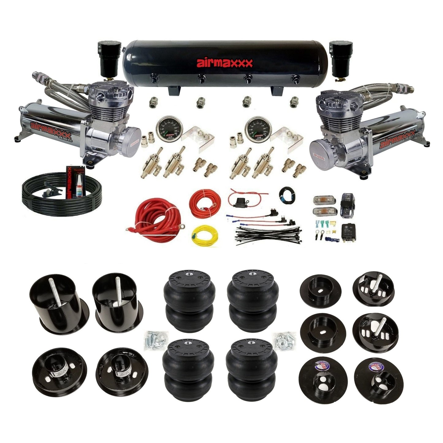 airmaxxx 480 chrome air compressors steel tank Slam bags and brackets kit Fits 1965-70 Cadillac KCAD65-580C2-59S-4TOG2GA2B-WK-HFSS7