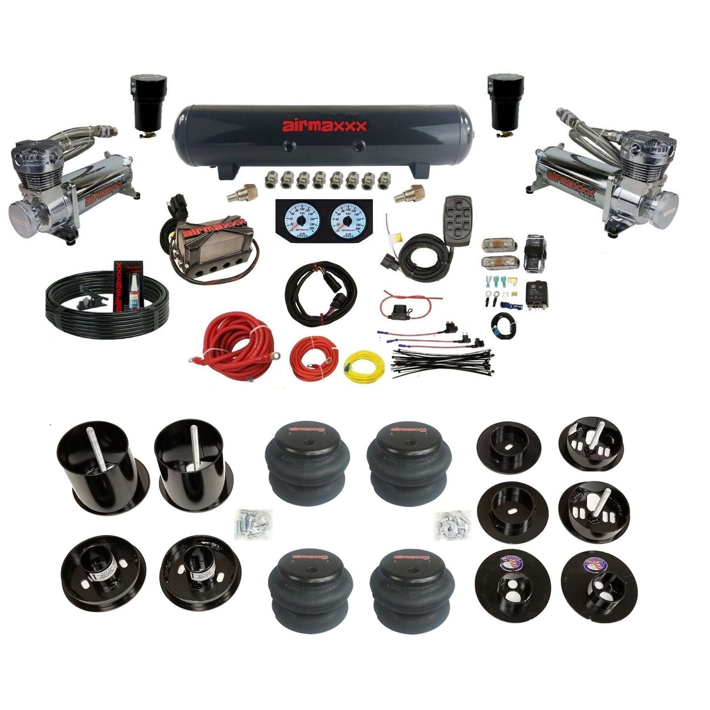 airmaxxx 480 chrome compressor steel tank 2600 bags and brackets Fits 1965-70 Cadillac KCAD65-480C2-57S-X4X7-WK-HF