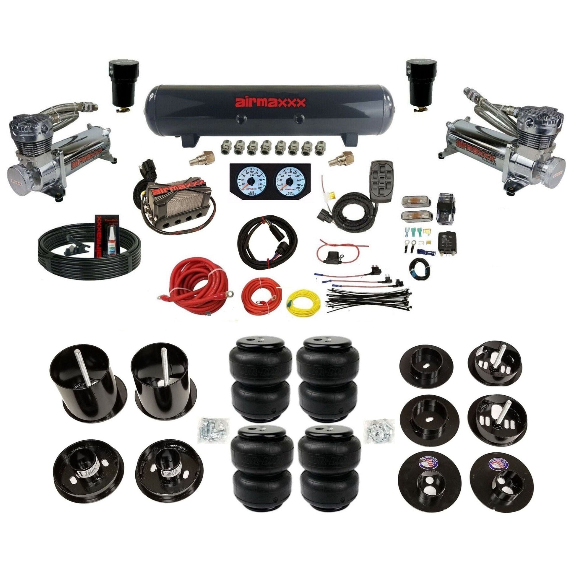 airmaxxx 480 chrome compressor steel tank air lift bags and brackets KCAD65-480C2-57S-X4X7-WK-HFD25