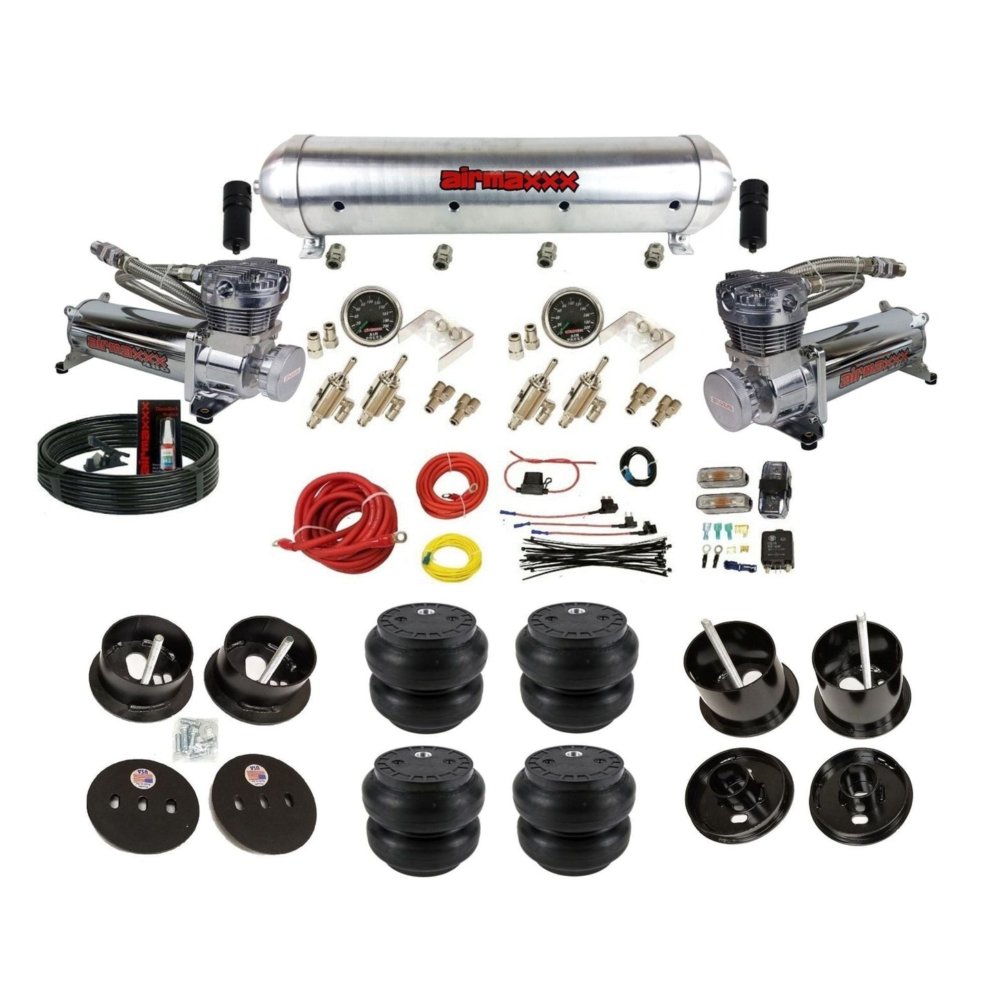 airmaxxx 480 chrome compressors 3/8 manual air suspension kit w/raw aluminum tank & Slam bags & brackets fits 1961 62 cadillac deville K-CAD6162-480C2-59ARW-4TOG2GA2B-WK-HFSS7