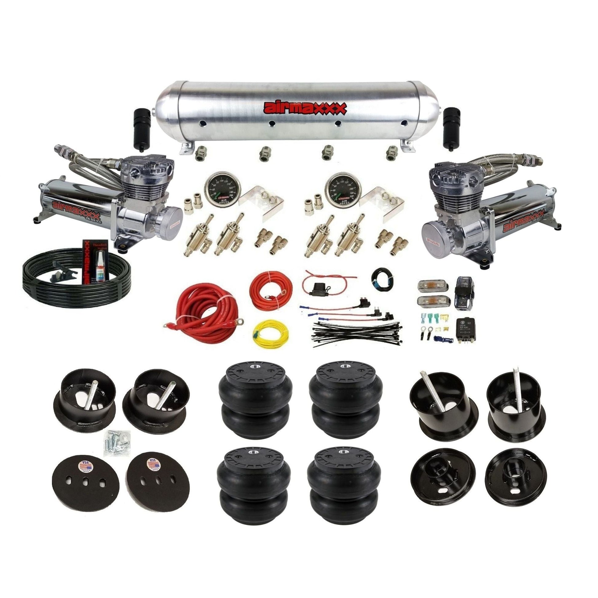 airmaxxx 480 chrome compressors 3/8 manual air suspension kit w/raw aluminum tank & Slam bags & brackets fits 1961 62 cadillac deville K-CAD6162-480C2-59ARW-4TOG2GA2B-WK-HFSS7