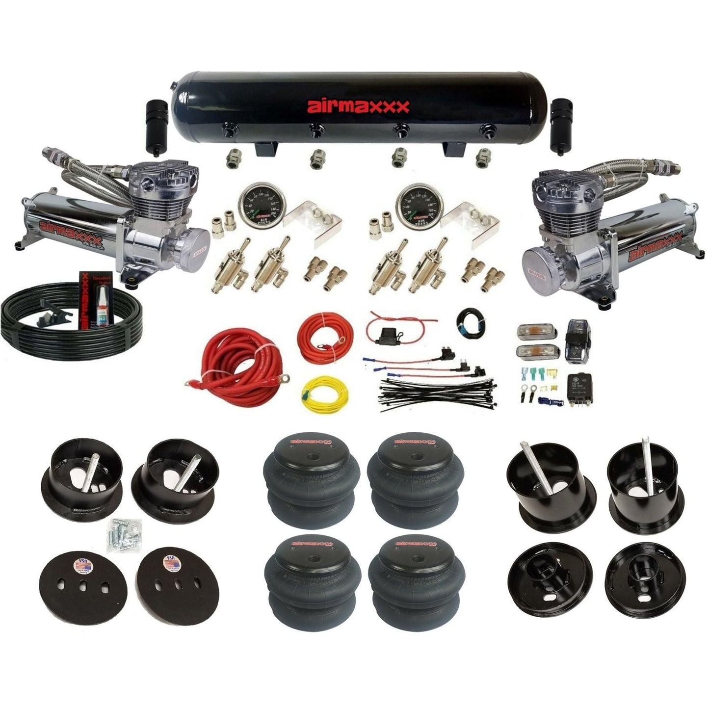 airmaxxx 480 chrome compressors 3/8 manual air suspension kit w/steel tank & 2600 bags & brackets fits 1961 62 cadillac deville K-CAD6162-480C2-59S-4TOG2GA2B-WK-HF