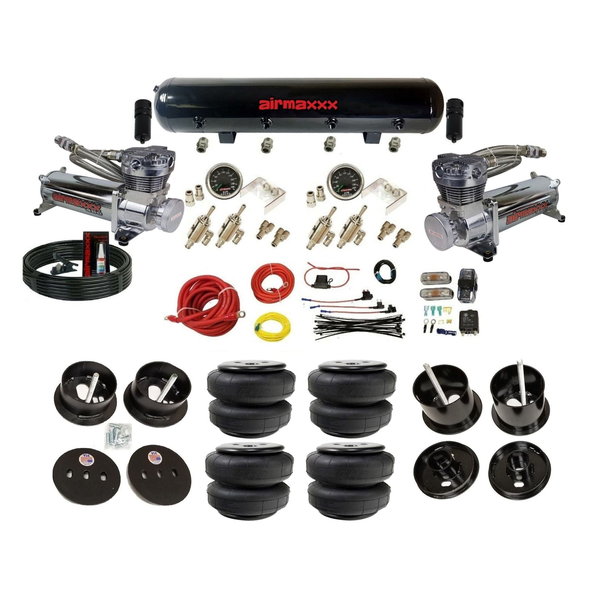airmaxxx 480 chrome compressors 3/8 manual air suspension kit w/steel tank & Air Lift bags & brackets fits 1961 62 cadillac deville K-CAD6162-480C2-59S-4TOG2GA2B-WK-HFD25