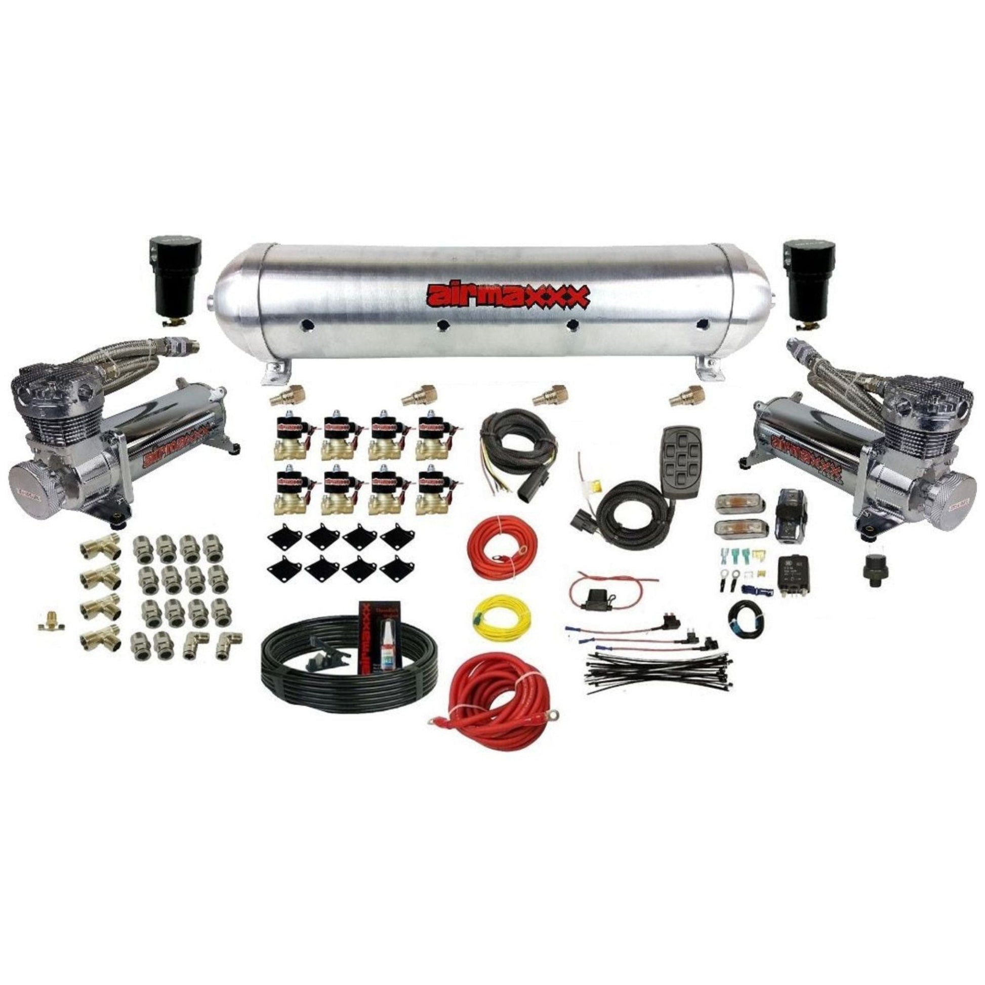 airmaxxx 480 chrome compressors aluminum tank air ride kit 480C2-838-59ARAW-7BK-WK-HF