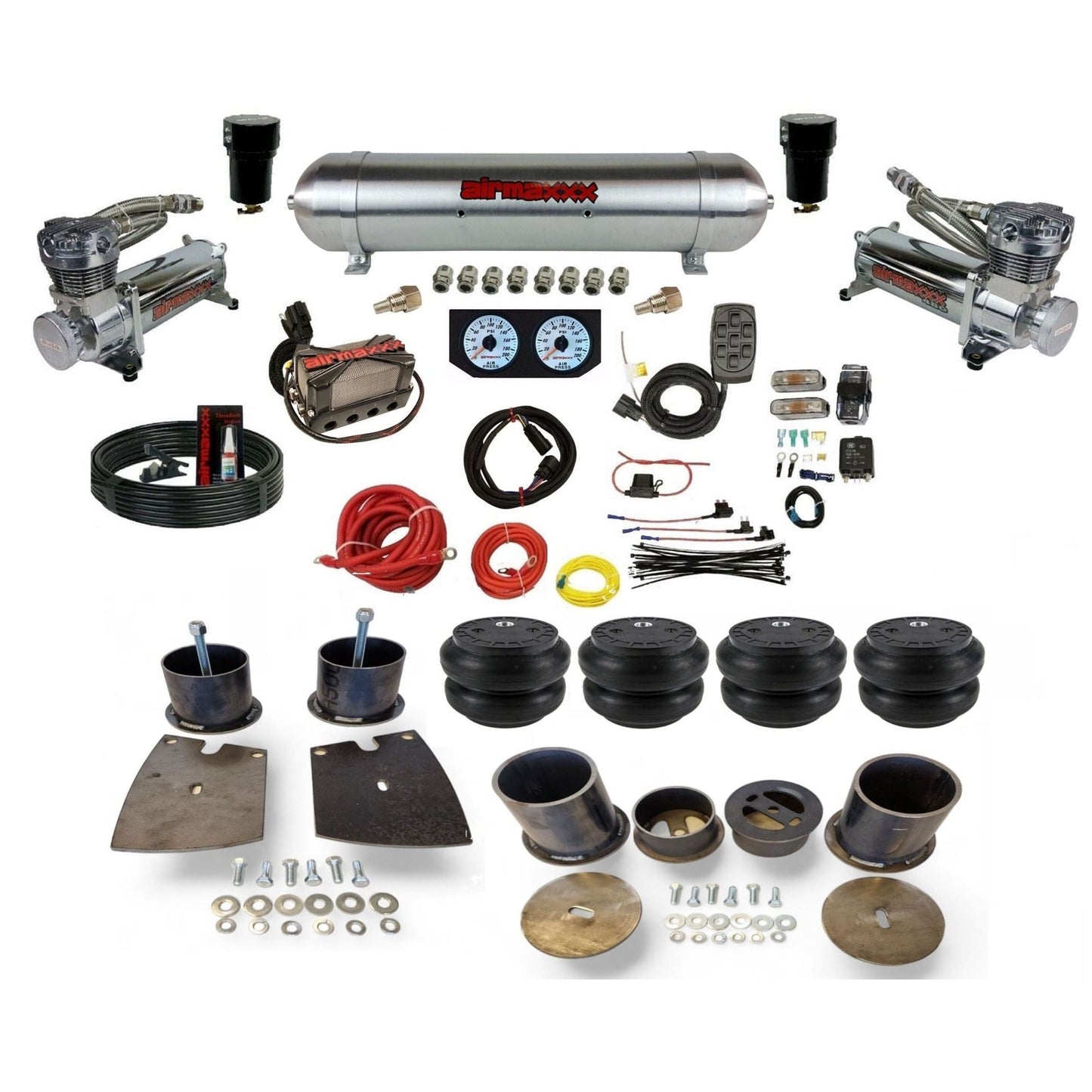 airmaxxx 480 chrome compressors x4 manifold raw aluminum air tank Slam bags and brackets kit KBUI61-480C2-57ARW-X4X7-WK-HFSS7