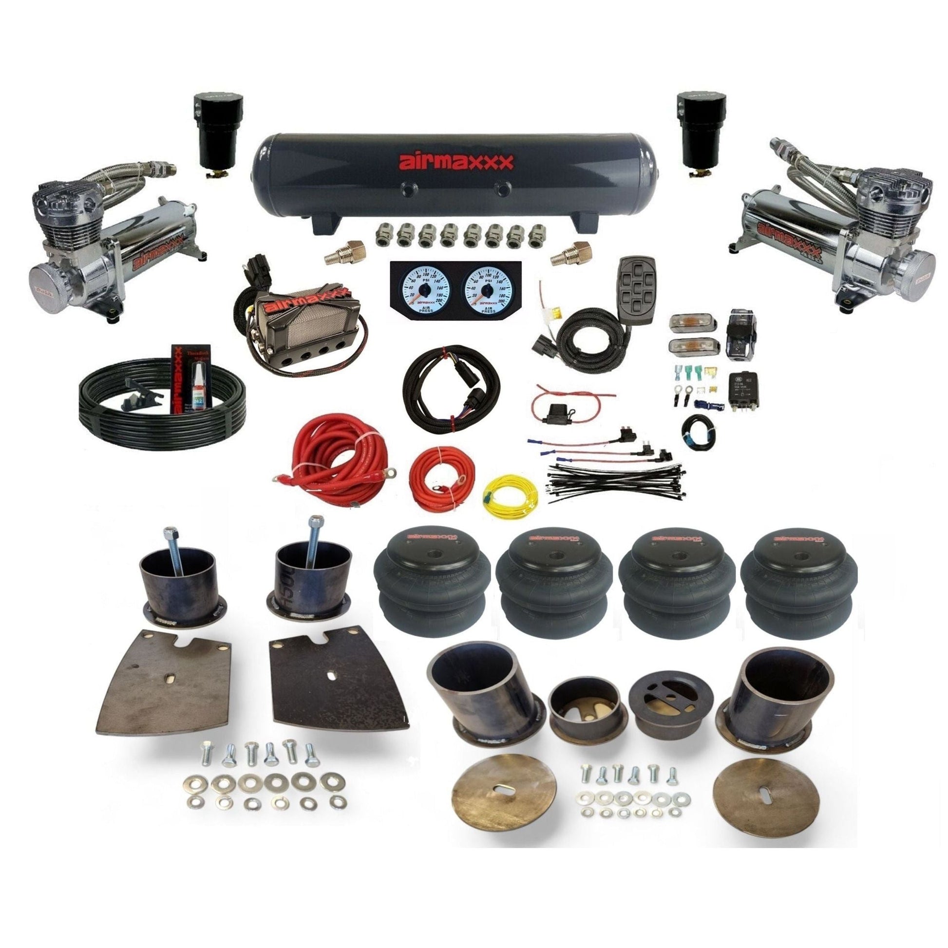 airmaxxx 480 chrome compressors x4 manifold steel air tank 2600 bags and brackets kit KBUI61-480C2-57S-X4X7-WK-HF