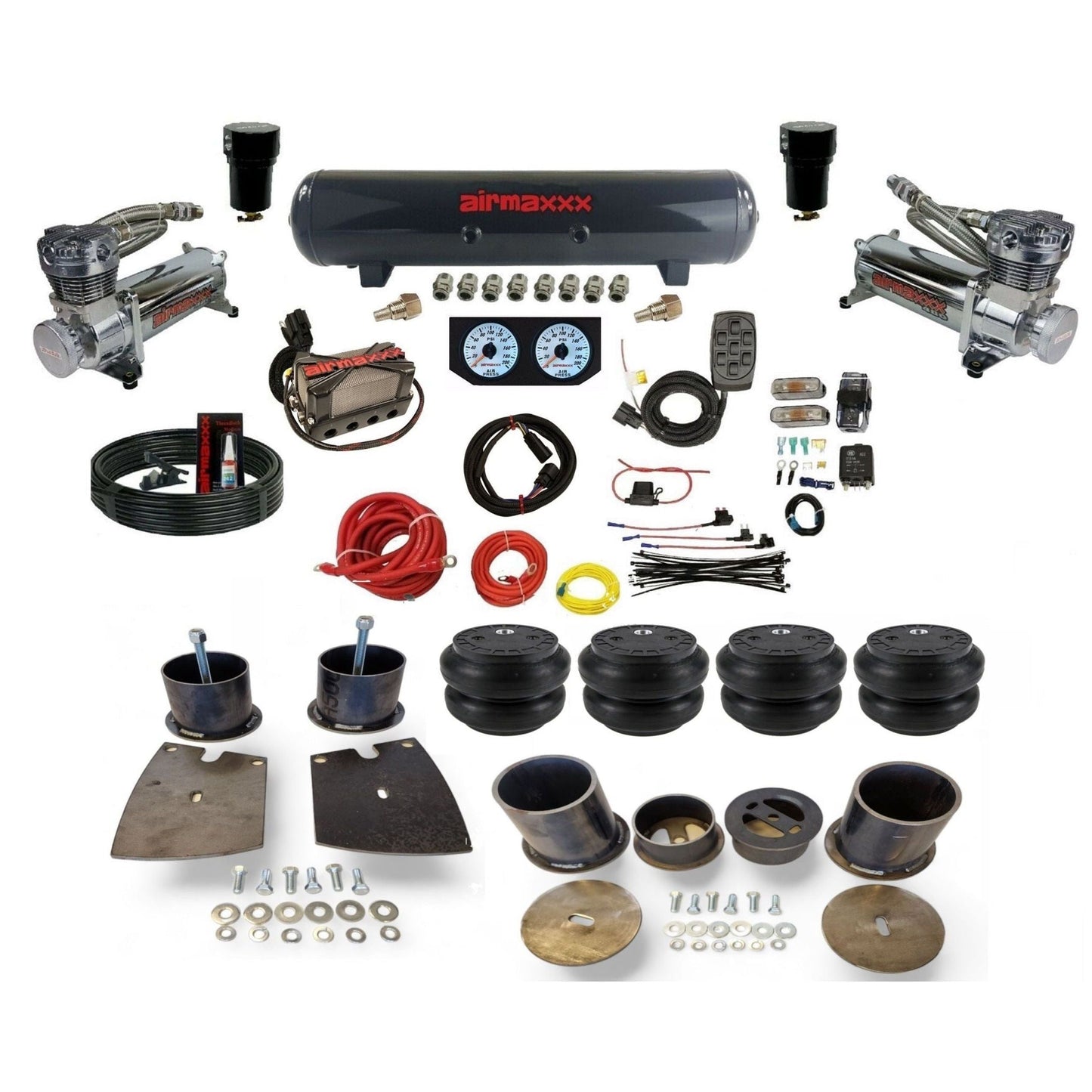 airmaxxx 480 chrome compressors x4 manifold steel air tank Slam bags and brackets kit KBUI61-480C2-57S-X4X7-WK-HFSS7