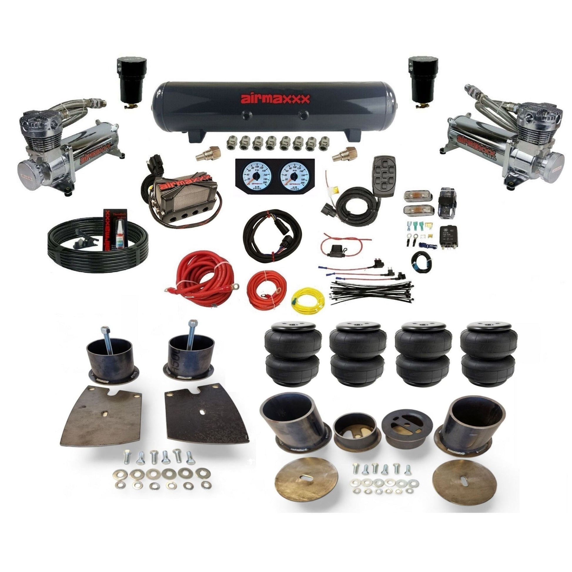 airmaxxx 480 chrome compressors x4 manifold steel air tank air lift bags and brackets kit KBUI61-480C2-57S-X4X7-WK-HFD25