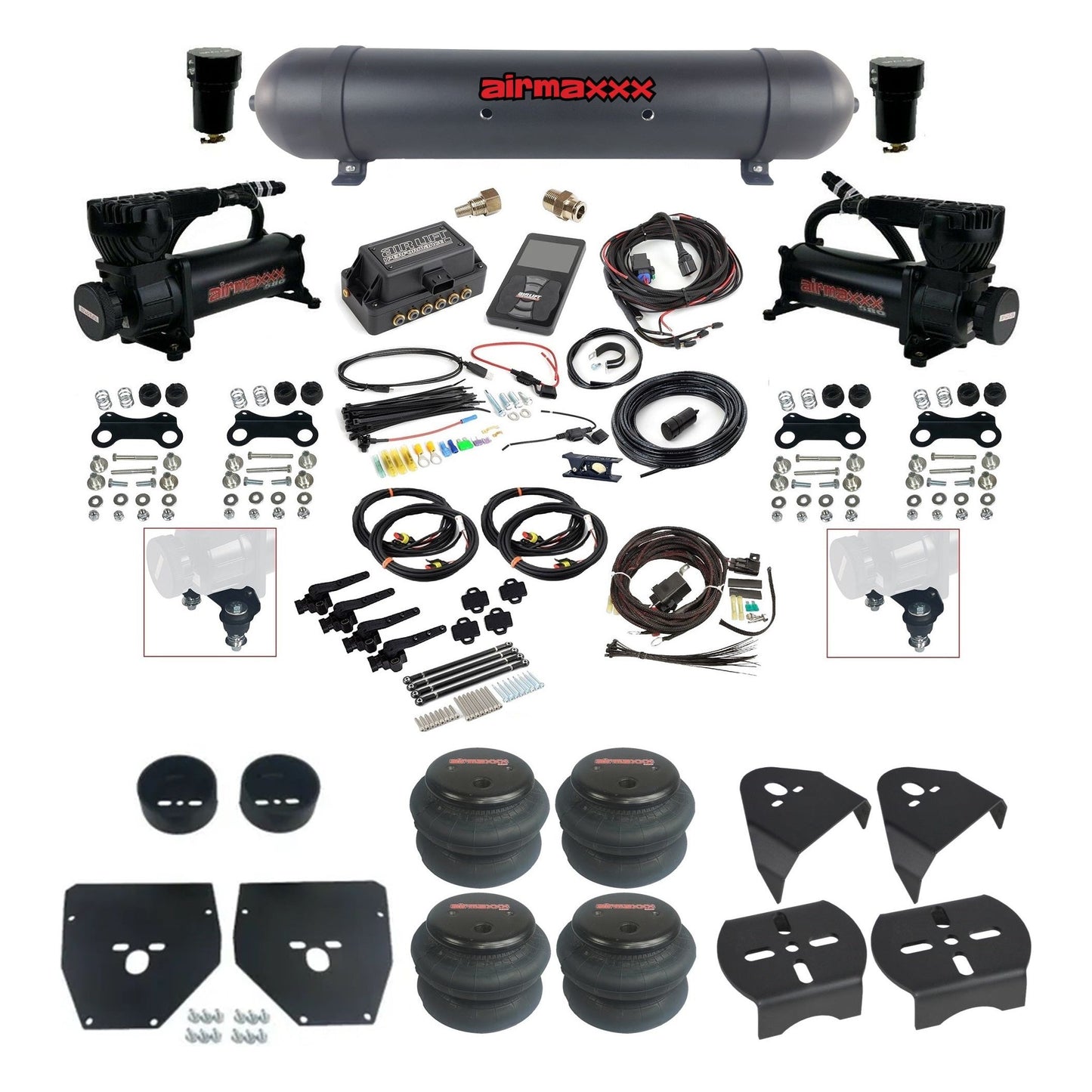 airmaxxx 580 black compressors 2600 bags black aluminum tank & air lift 3h 27695 plug and play air ride kit fits 1973-87 c10 KC1073-580B2-57ABK-27695-WK-3P2
