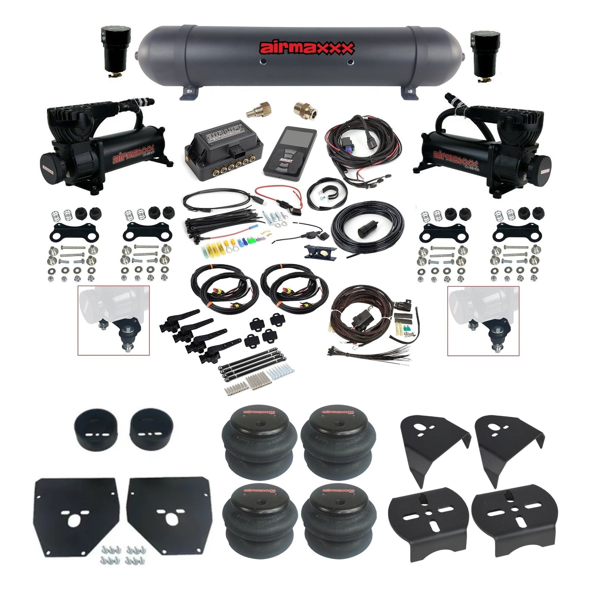 airmaxxx 580 black compressors 2600 bags black aluminum tank & air lift 3h 27695 plug and play air ride kit fits 1973-87 c10 KC1073-580B2-57ABK-27695-WK-3P2