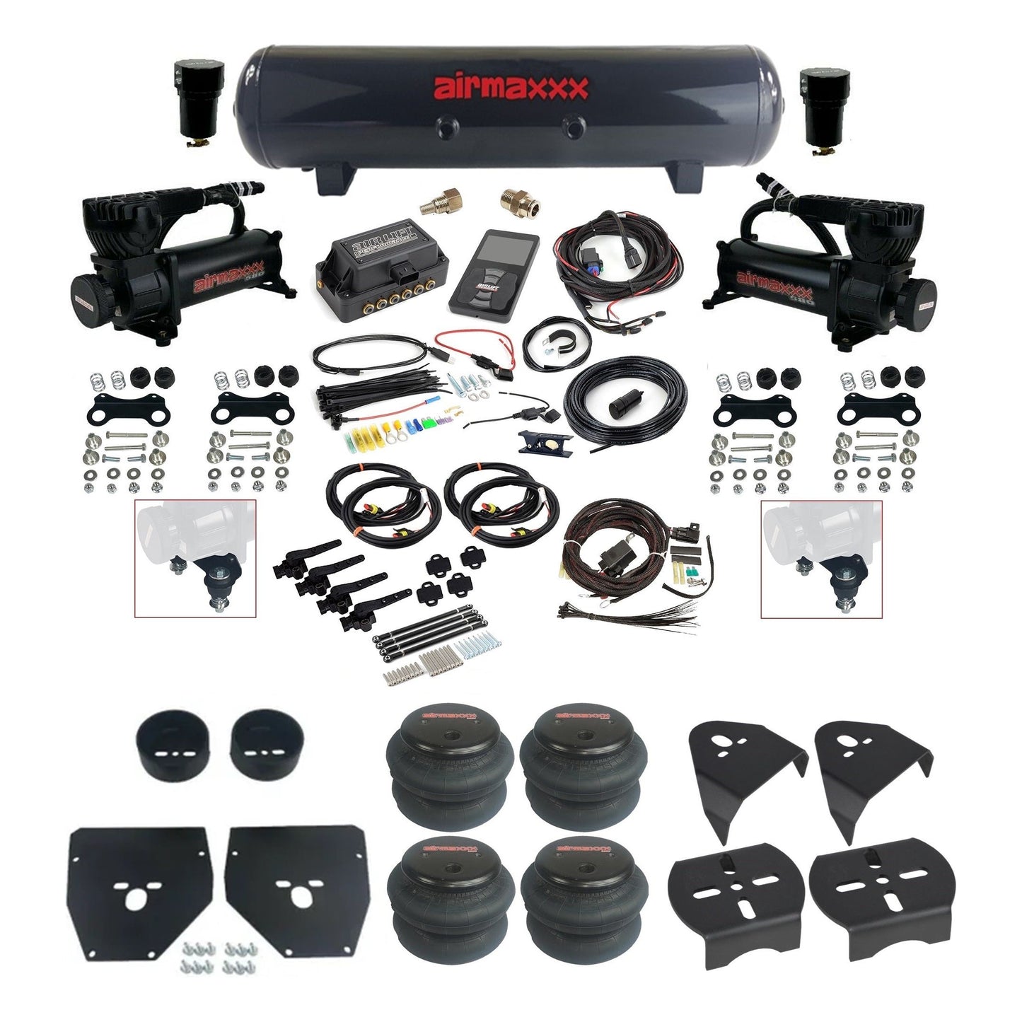 airmaxxx 580 black compressors 2600 bags steel tank & air lift 3h 27695 plug and play air ride kit fits 1973-87 c10 KC1073-580B2-57S-27695-WK-3P2