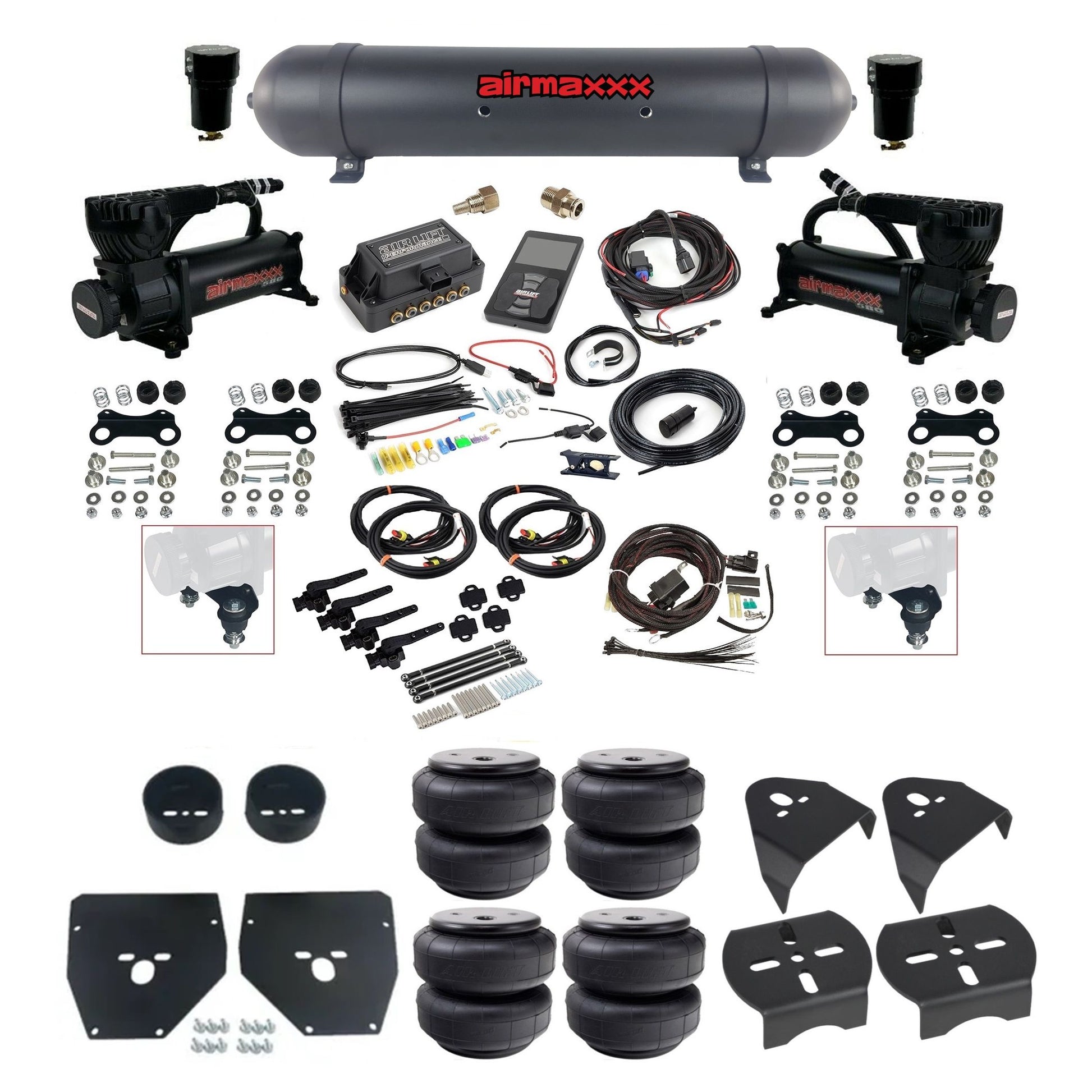 airmaxxx 580 black compressors Airlift bags black aluminum tank & air lift 3h 27695 plug and play air ride kit fits 1973-87 c10 KC1073-580B2-57ABK-27695-WK-3P2D26