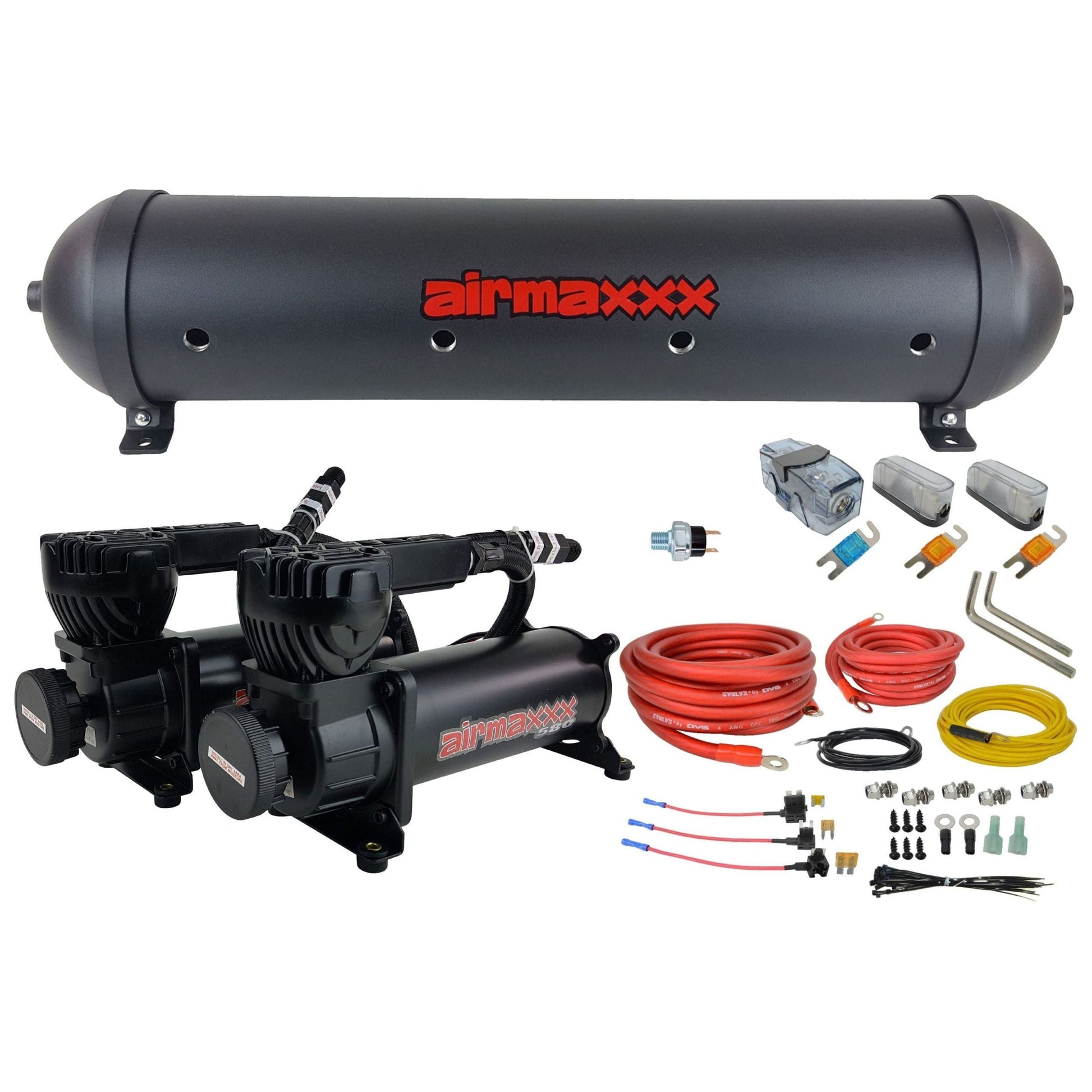 airmaxxx 580 black dual air compressor pack 5 gallon aluminum tank and wiring kit