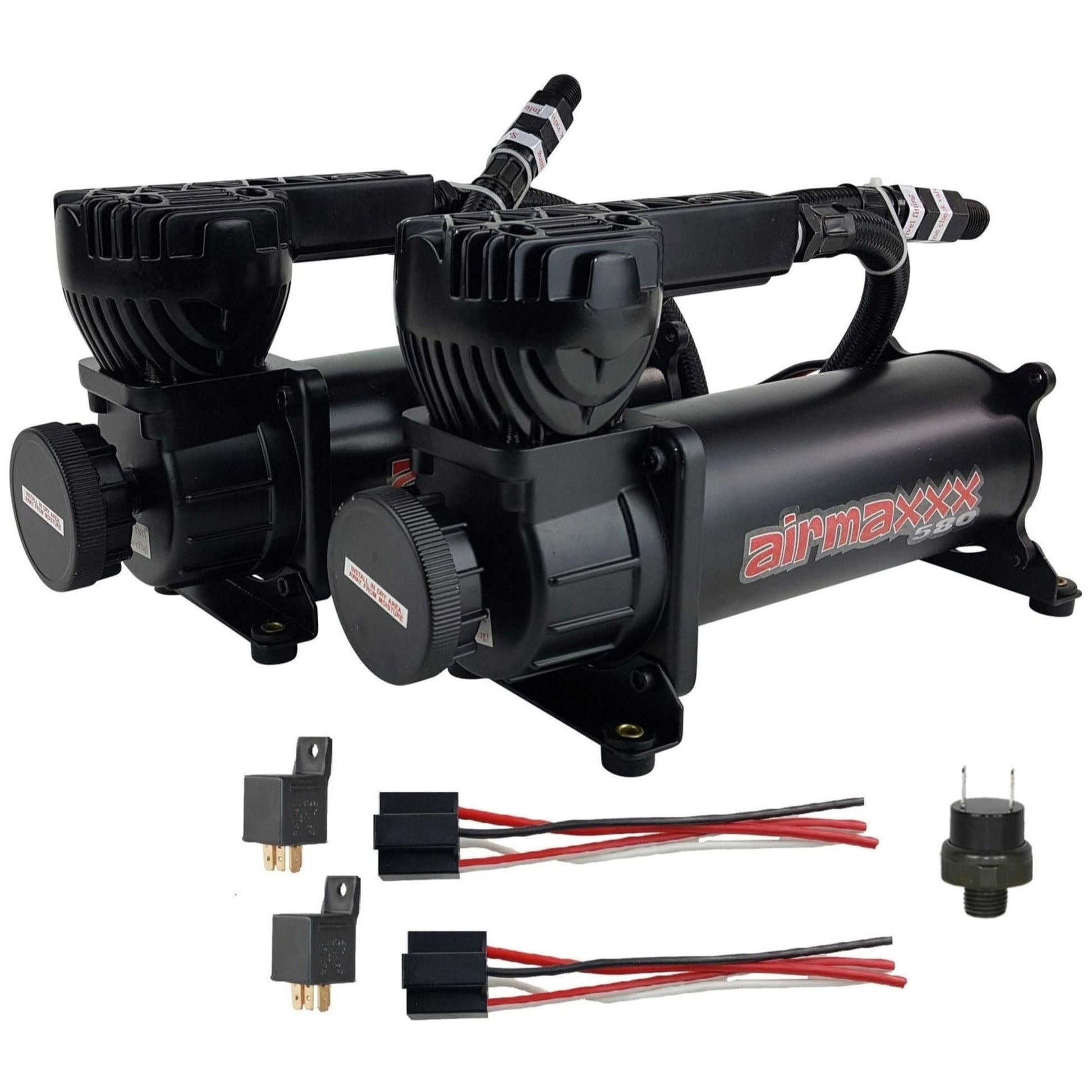 airmaxxx 580 black dual air compressor pack with hoses and check valves plus relays and pressure switch