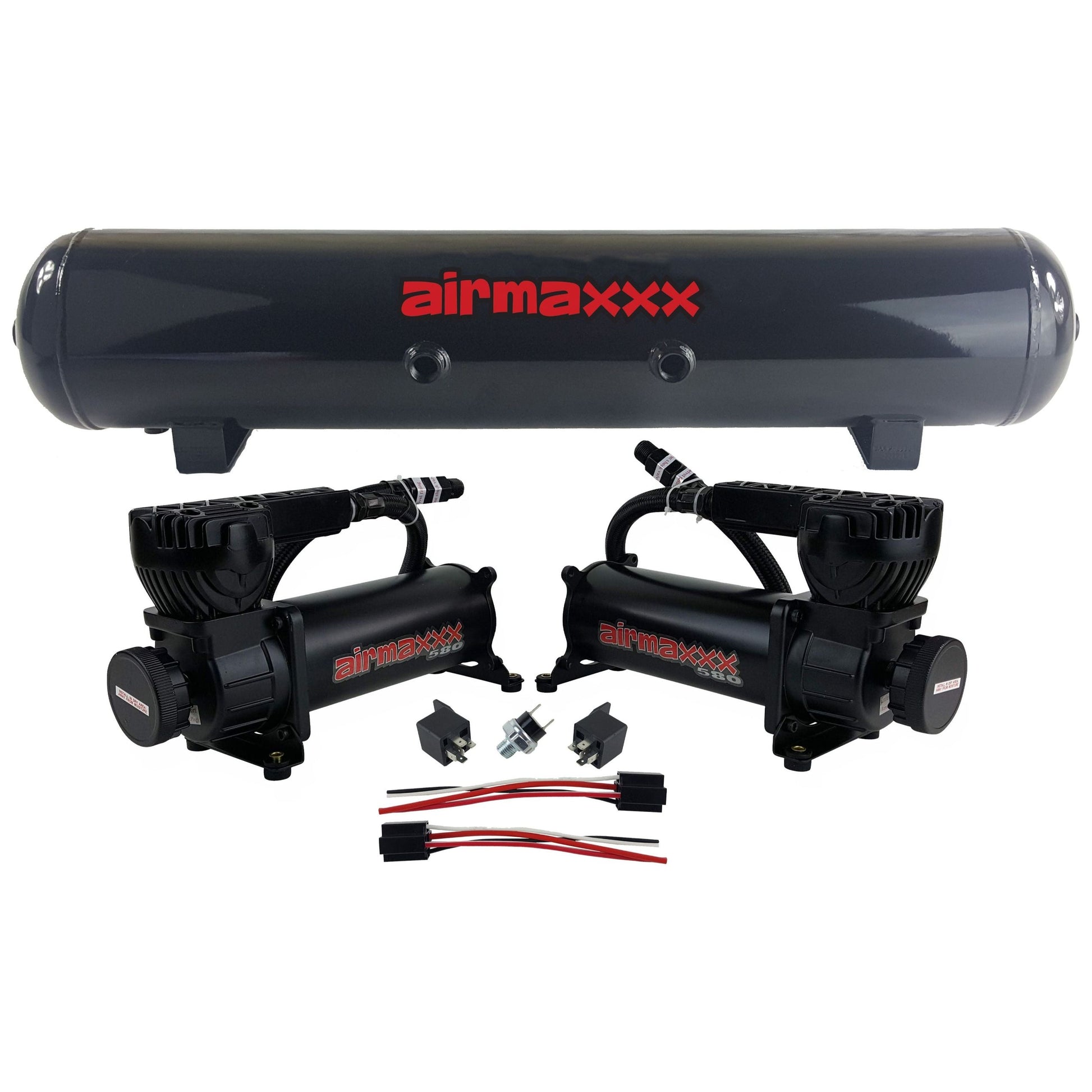 airmaxxx 580 black dual compressor pack with 5 gallon 7 port steel air tank