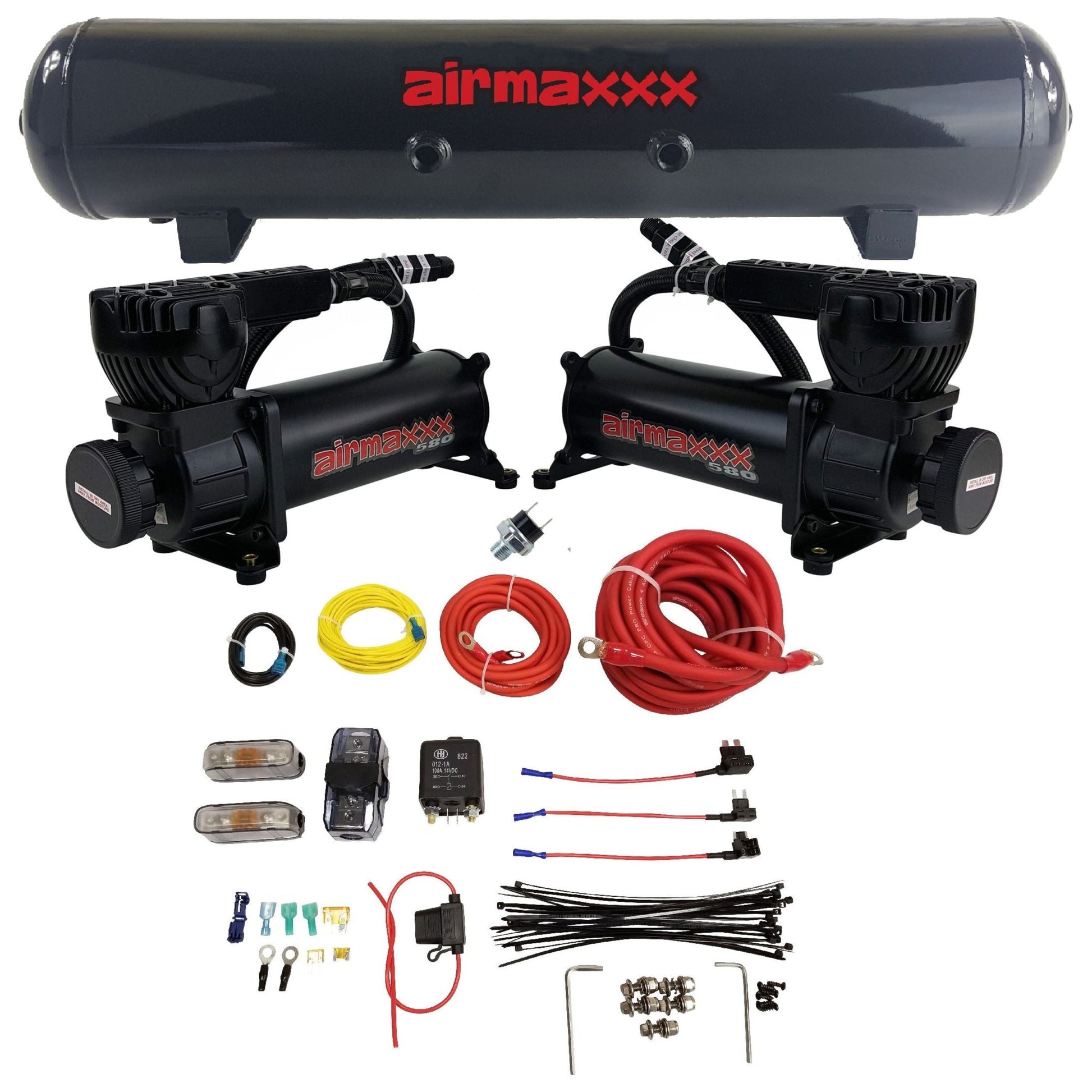 airmaxxx 580 black dual compressor pack with 5 gallon 7 port steel air tank w/wiring kit