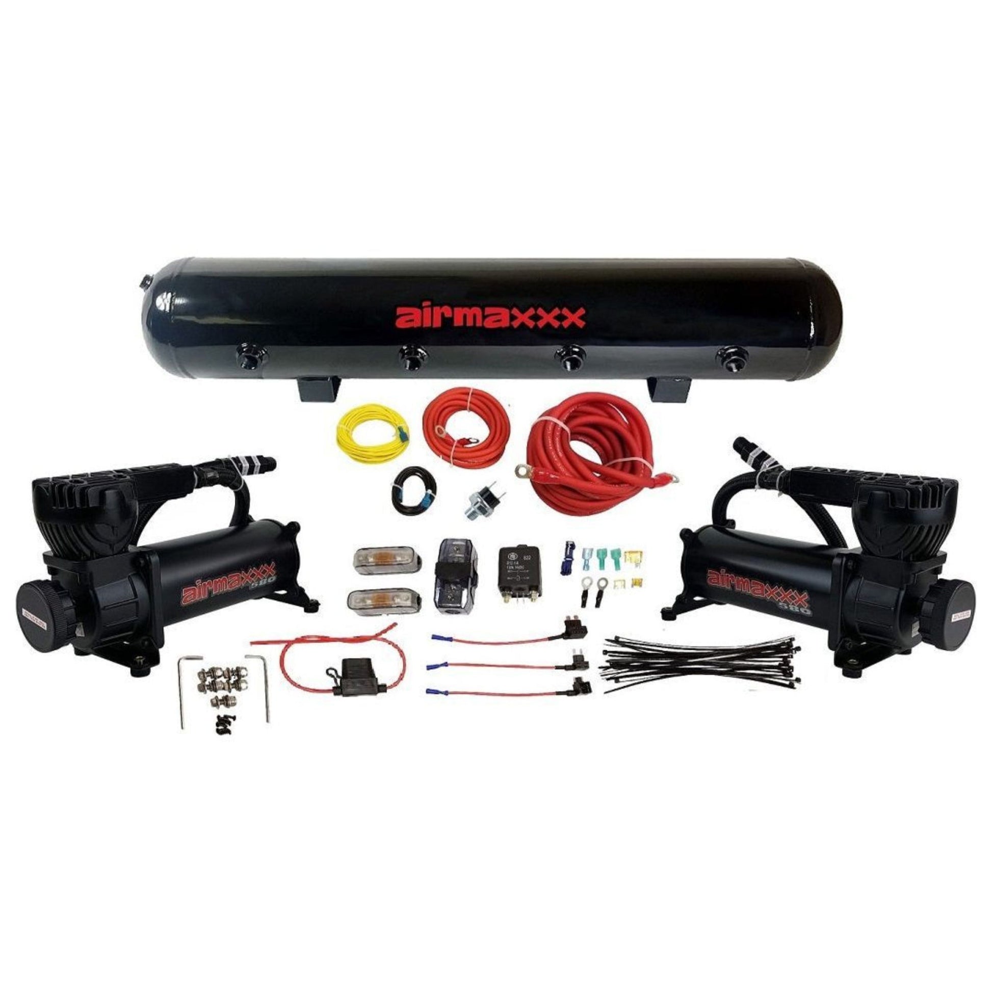 airmaxxx 580 black dual compressor pack with 5 gallon 9 port steel air tank w/wiring kit